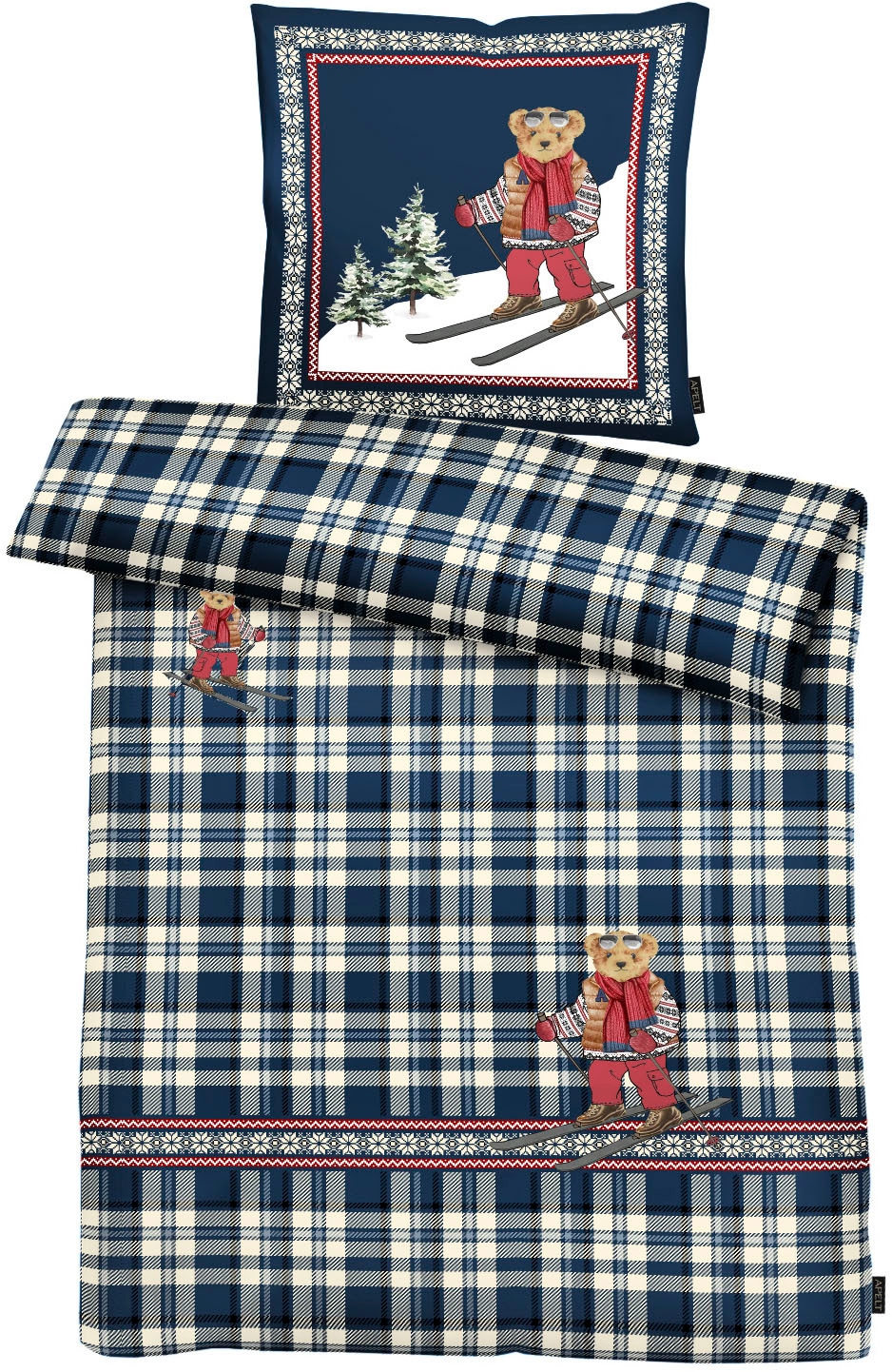 APELT Bettwäsche "Mati GOTS" 2 Stk. Karomuster mit Norwegerbordüre und Bär günstig online kaufen