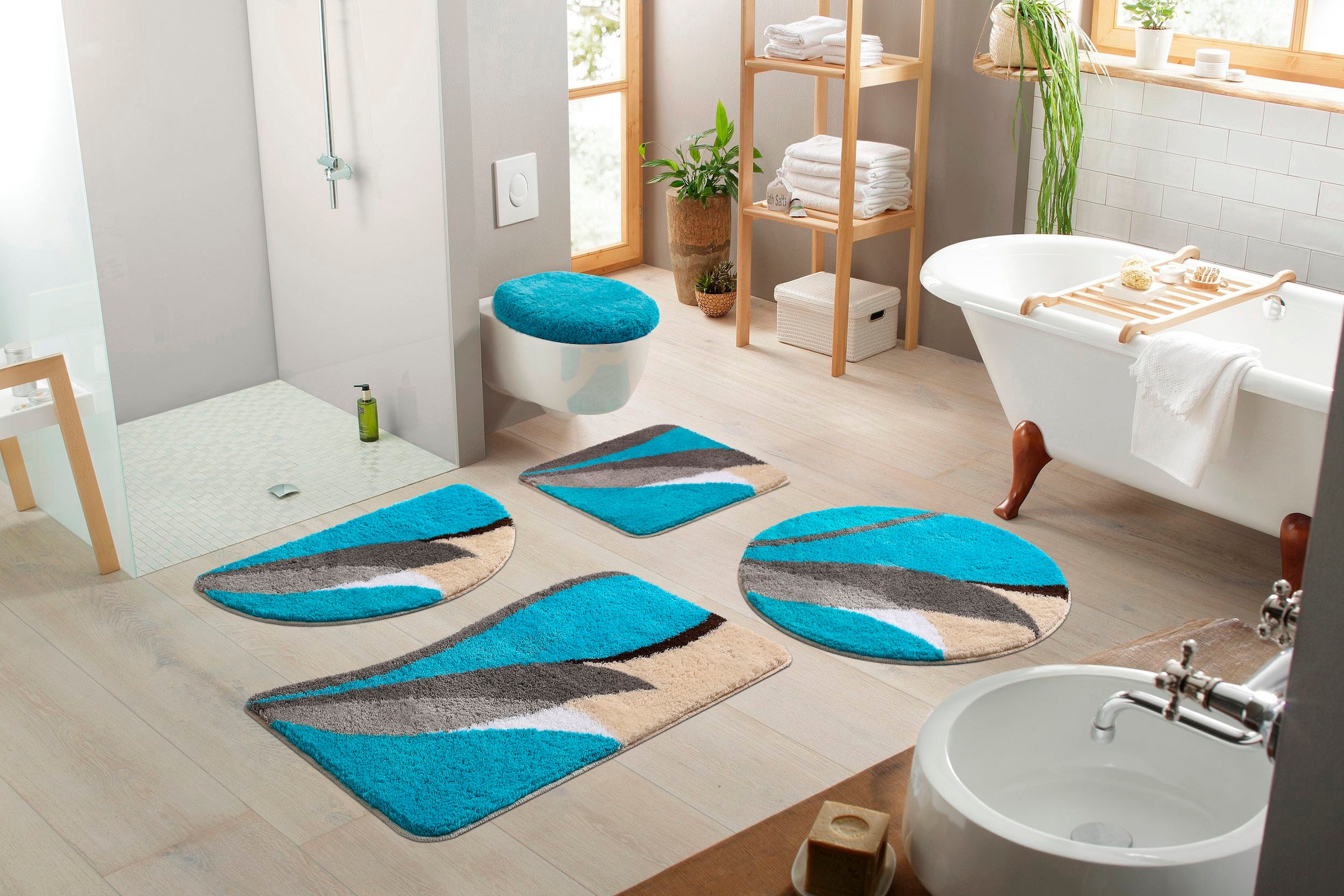 my home Badematte »Magnus, Badvorleger, Badezimmer Teppich«, rutschhemmend beschichtet, strapazierfähig-schnell trocknend, mehrfarbig, Badteppich, Badematten auch als 2 teiliges Set & rund