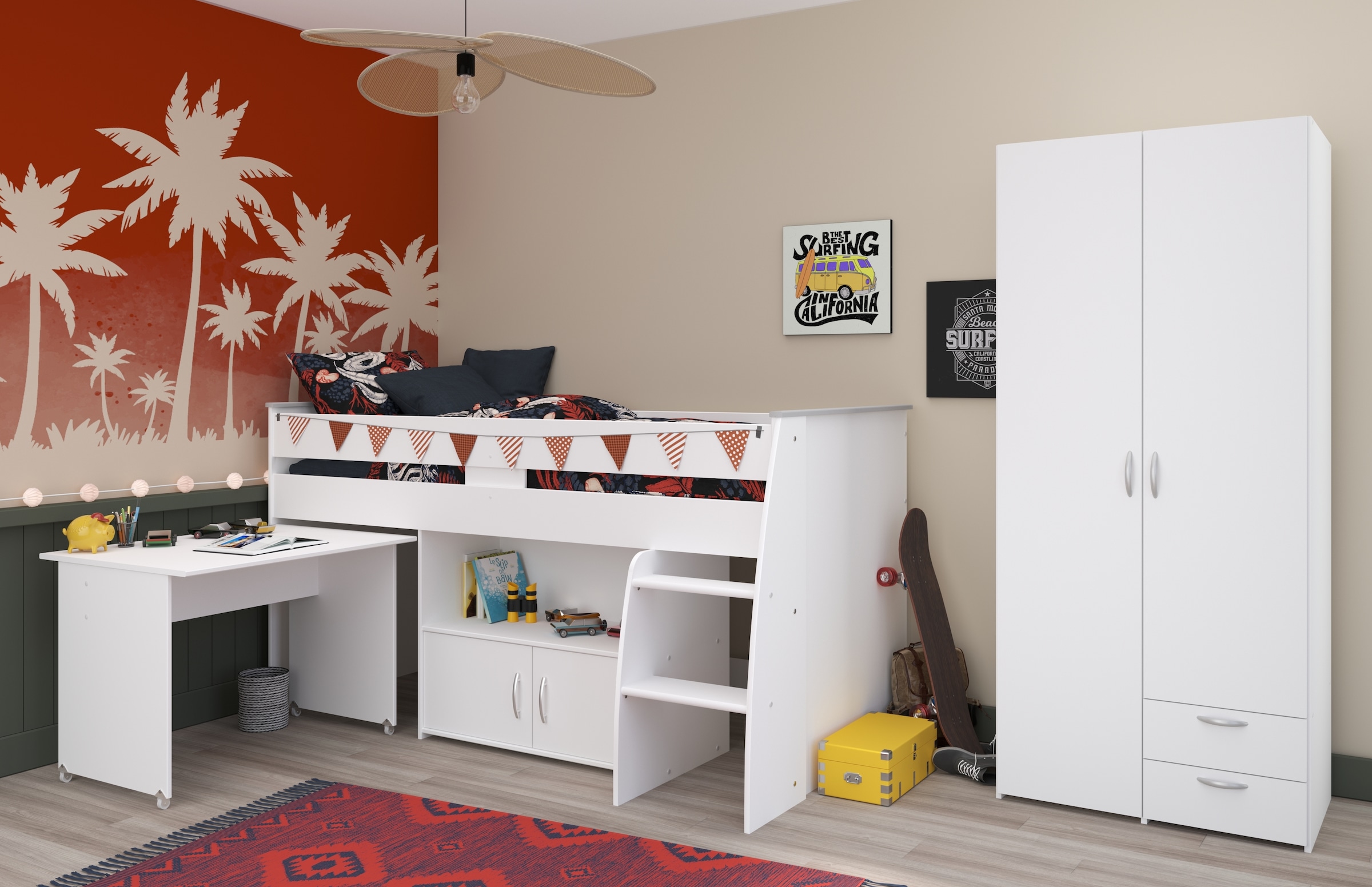 Parisot Jugendzimmer-Set »Reverse 12«, (2 tlg., Hochbett mit Schreibtisch und Kommode + Kleiderschrank, 2-türig), viel Stauraum, platzsparend, Schreibtisch und Kommode integriert