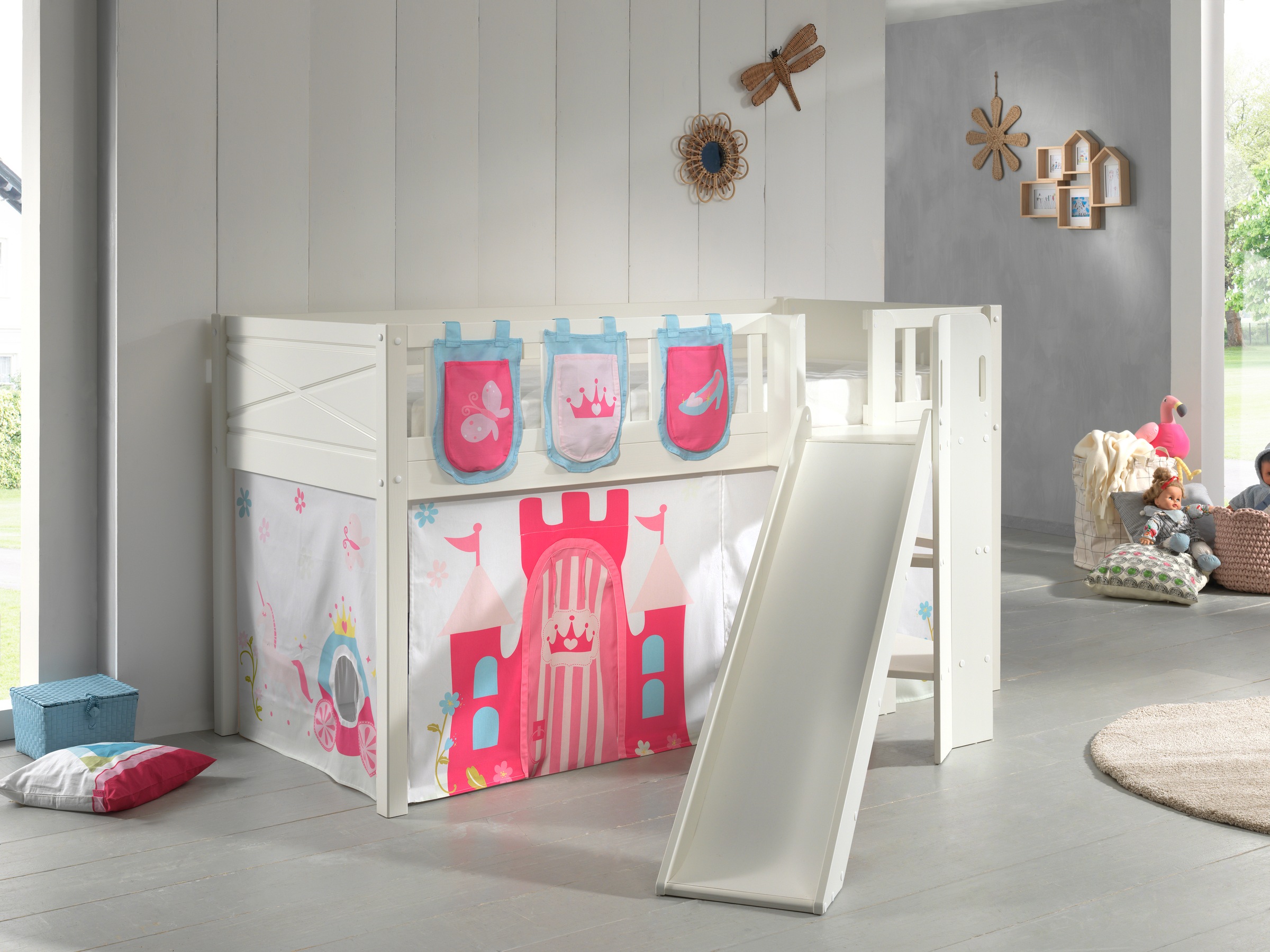 Scott Lit Mezzanine Toboggan et Rideau Princess3 Sacs Rangement