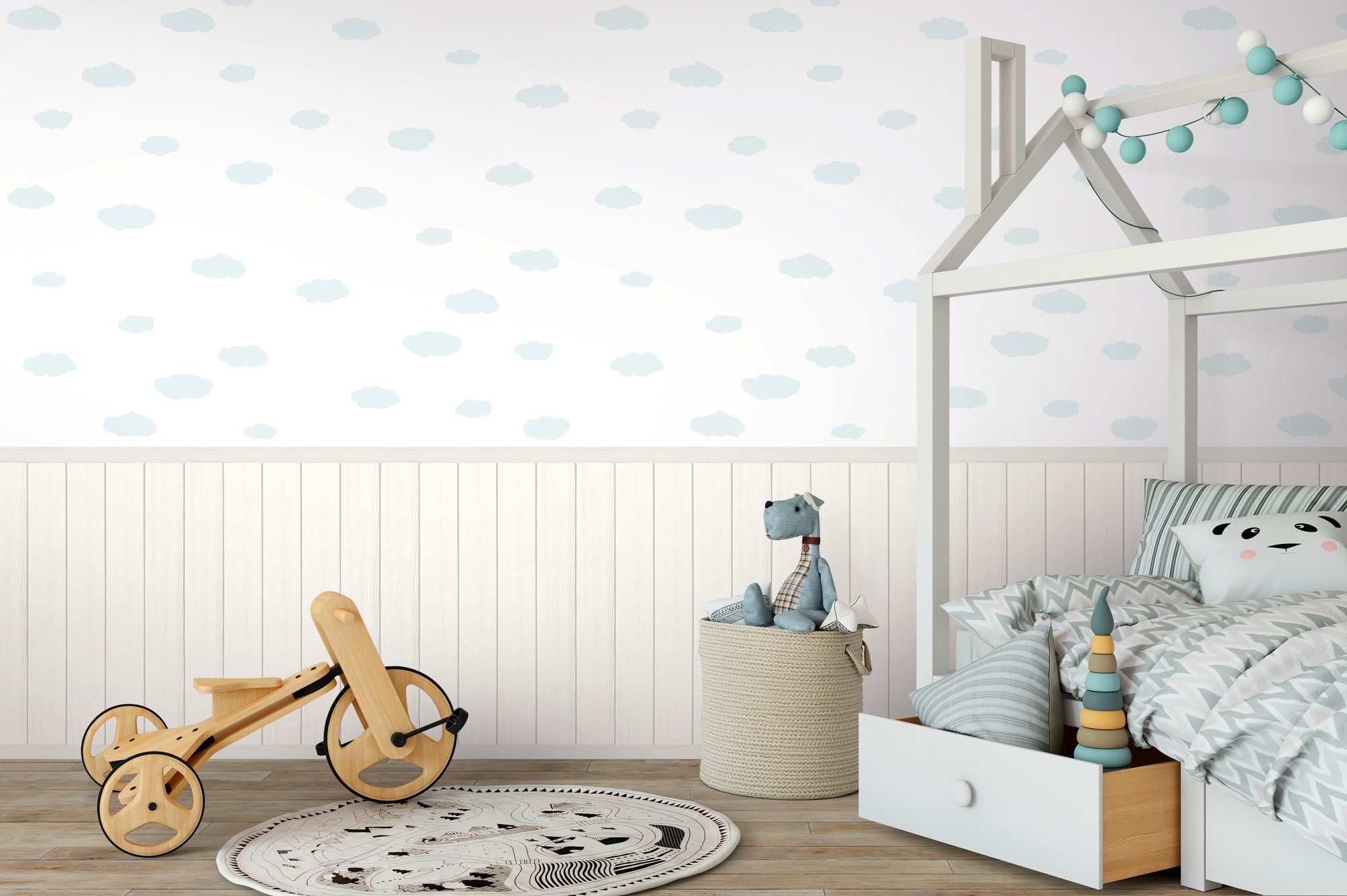 living walls Fototapete »Wallpanel Tapete Wandpaneele Motivtapete Wolken Landhaus«, matt, Vliestapete Kinderzimmer für Schlafzimmer Wohnzimmer Wandpaneele Flur