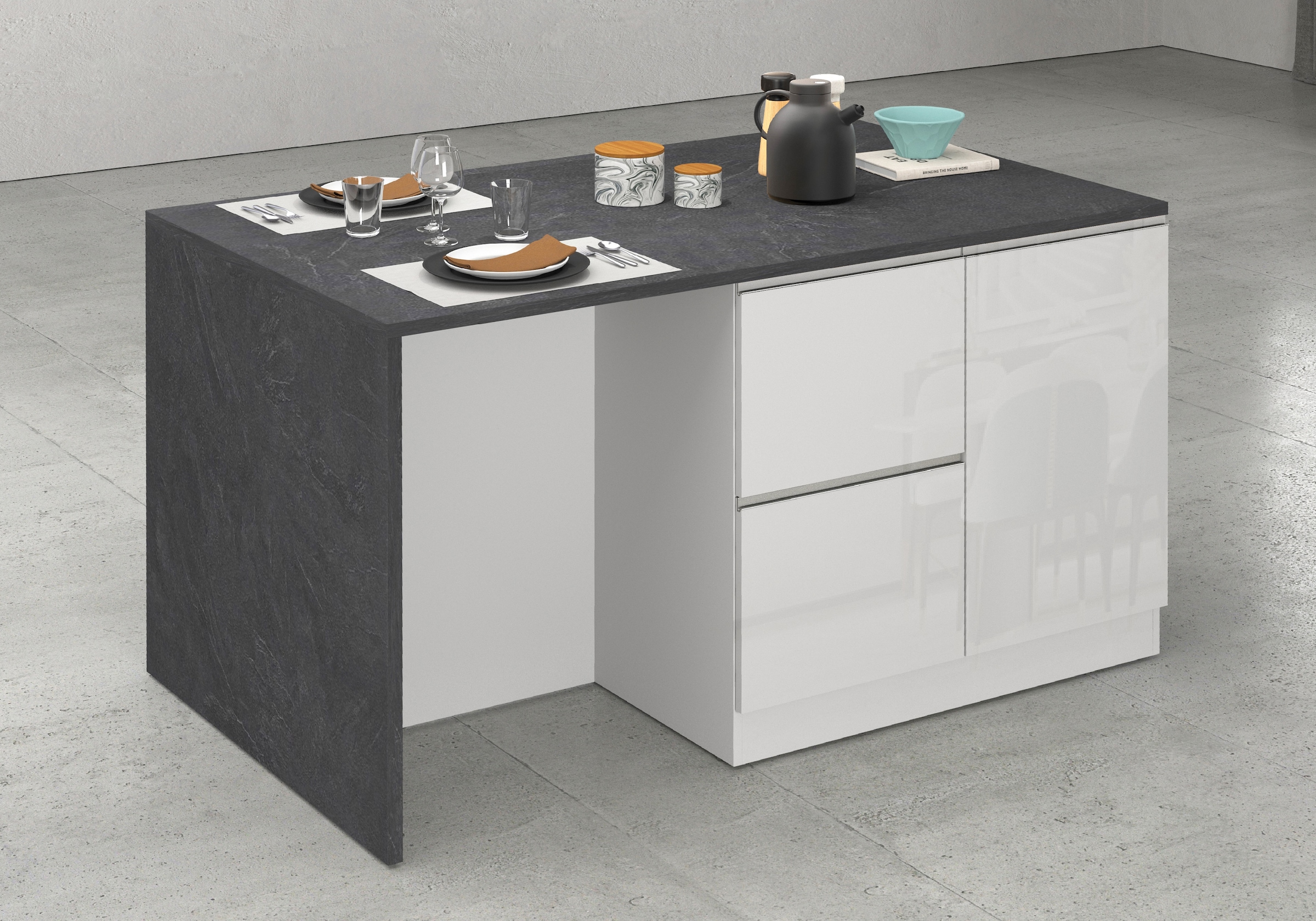 KOCHSTATION Kücheninsel »KS-Sole, Kochinsel, Küchenarbeitsblock, Inselküche, Arbeitsinsel« Breite 152,5 cm, mit Essplatz, Handtuchhalter, Fächer und Weinregal