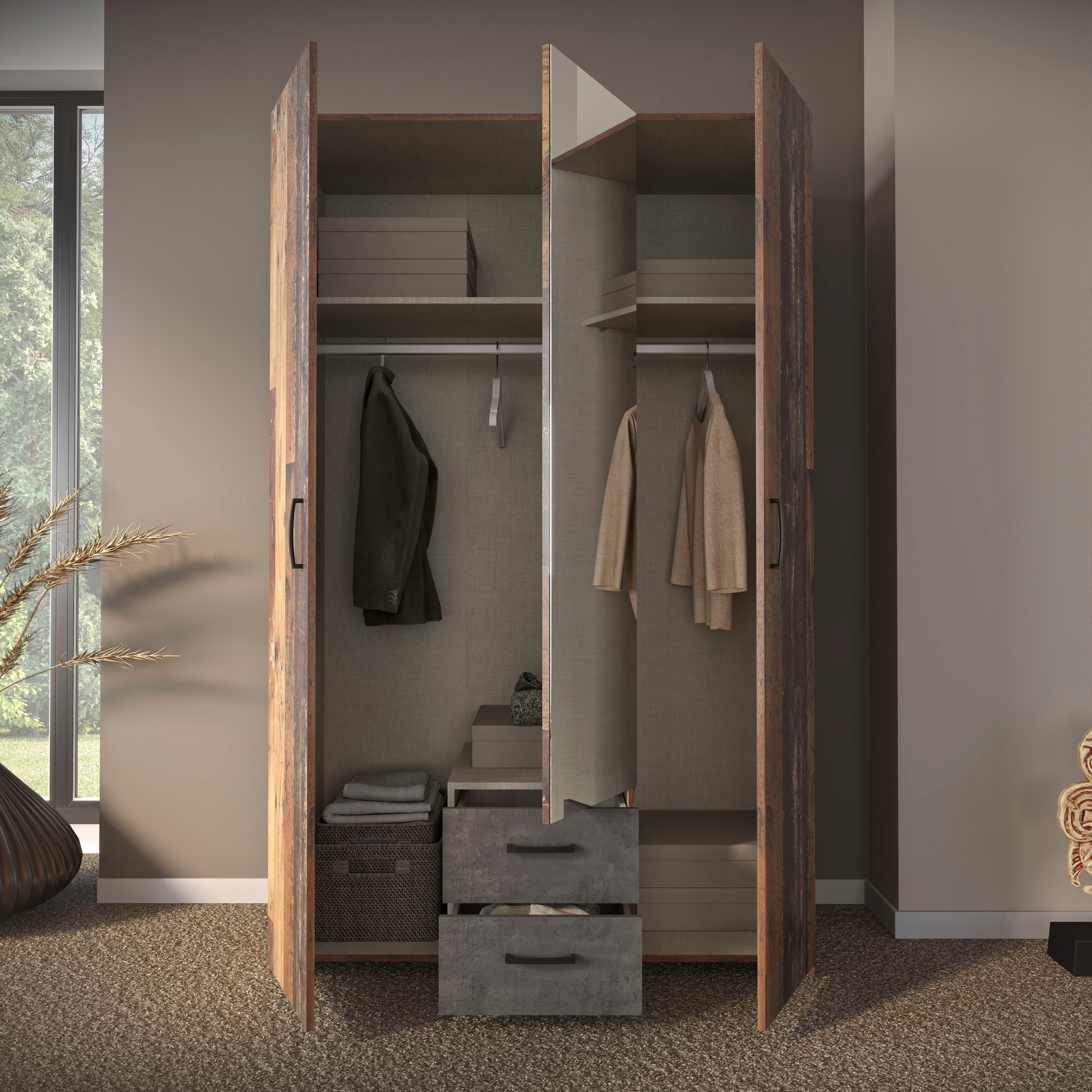 FORTE Kleiderschrank »ECONOBOX, Drehtürenschrank 120cm, mit Spiegel, 2 Schubkästen« B/H/T 119,4/190,5/54,4 cm, Old Wood Vintage/Betonoptik dunkelgrau