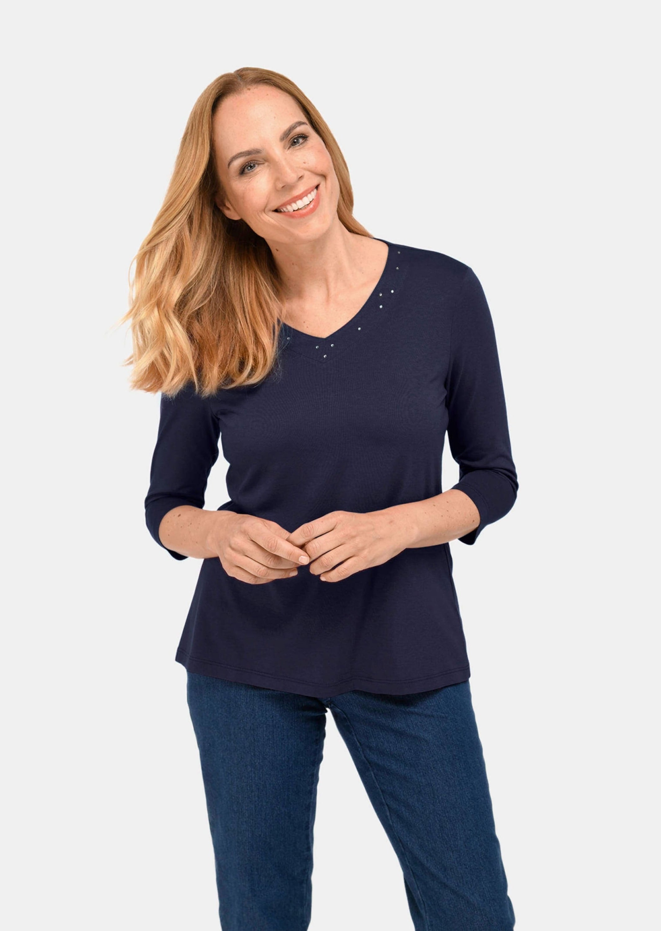 GOLDNER 3/4-Arm-Shirt »Shirt T-Shirt mit charmantem Ausschnitt und Schmucksteinchen«