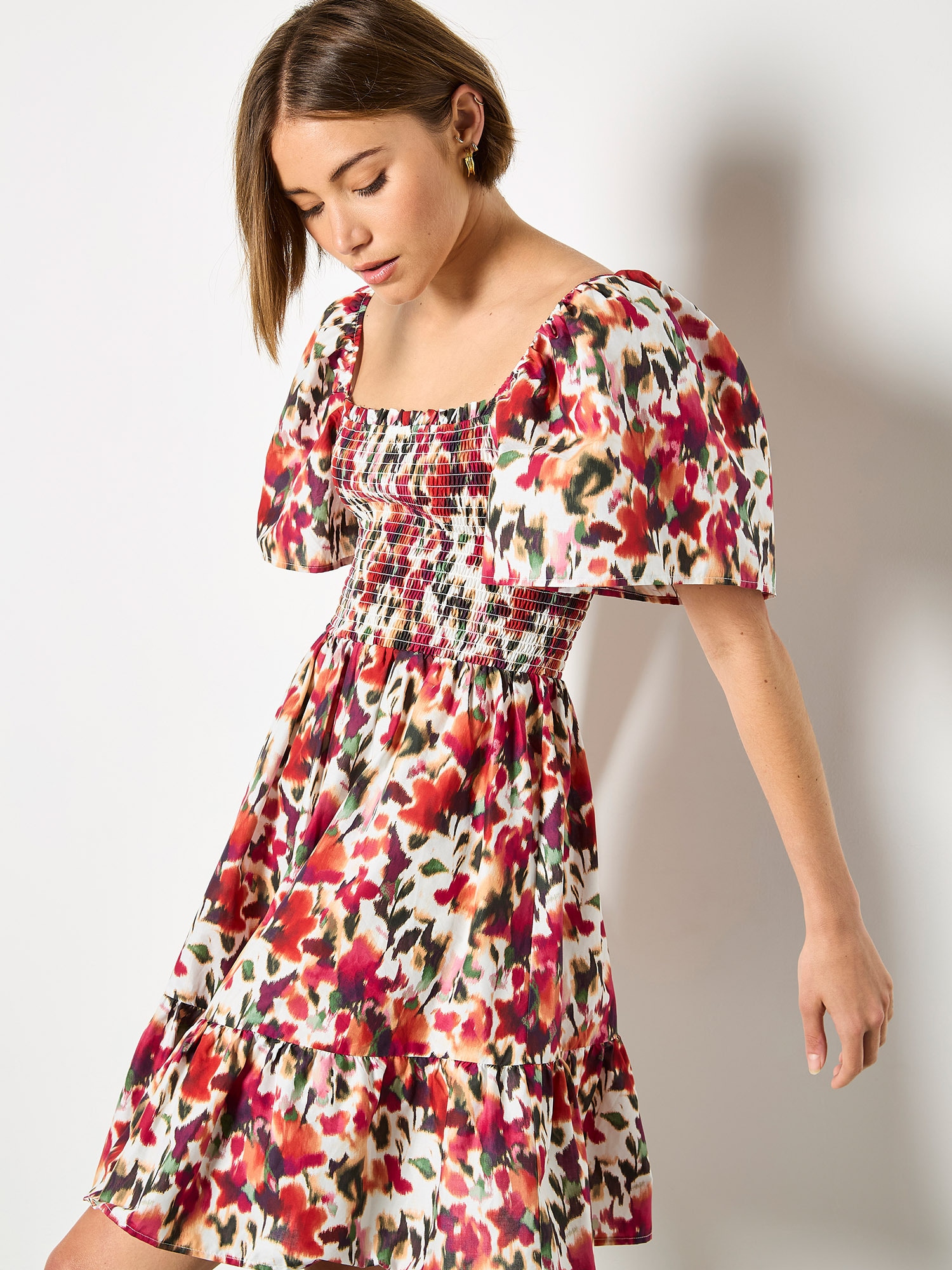 Apricot Minikleid »Minikleid aus reiner Baumwolle mit verschwommenem Ikat-Muster« mit Smokdetails