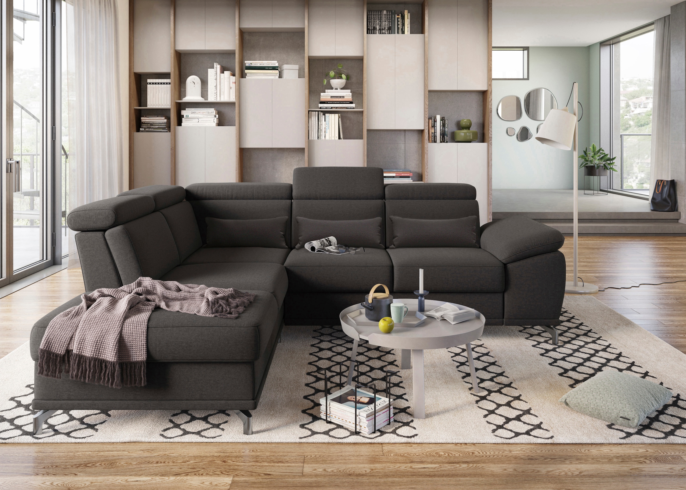 sit&more Ecksofa »Cabrio L-Form, mit Sitztiefenverstellung, Arm- und Kopfteilverstellung«, 3 Nierenkissen, Federkern, optional Bettfunktion und Stauraum