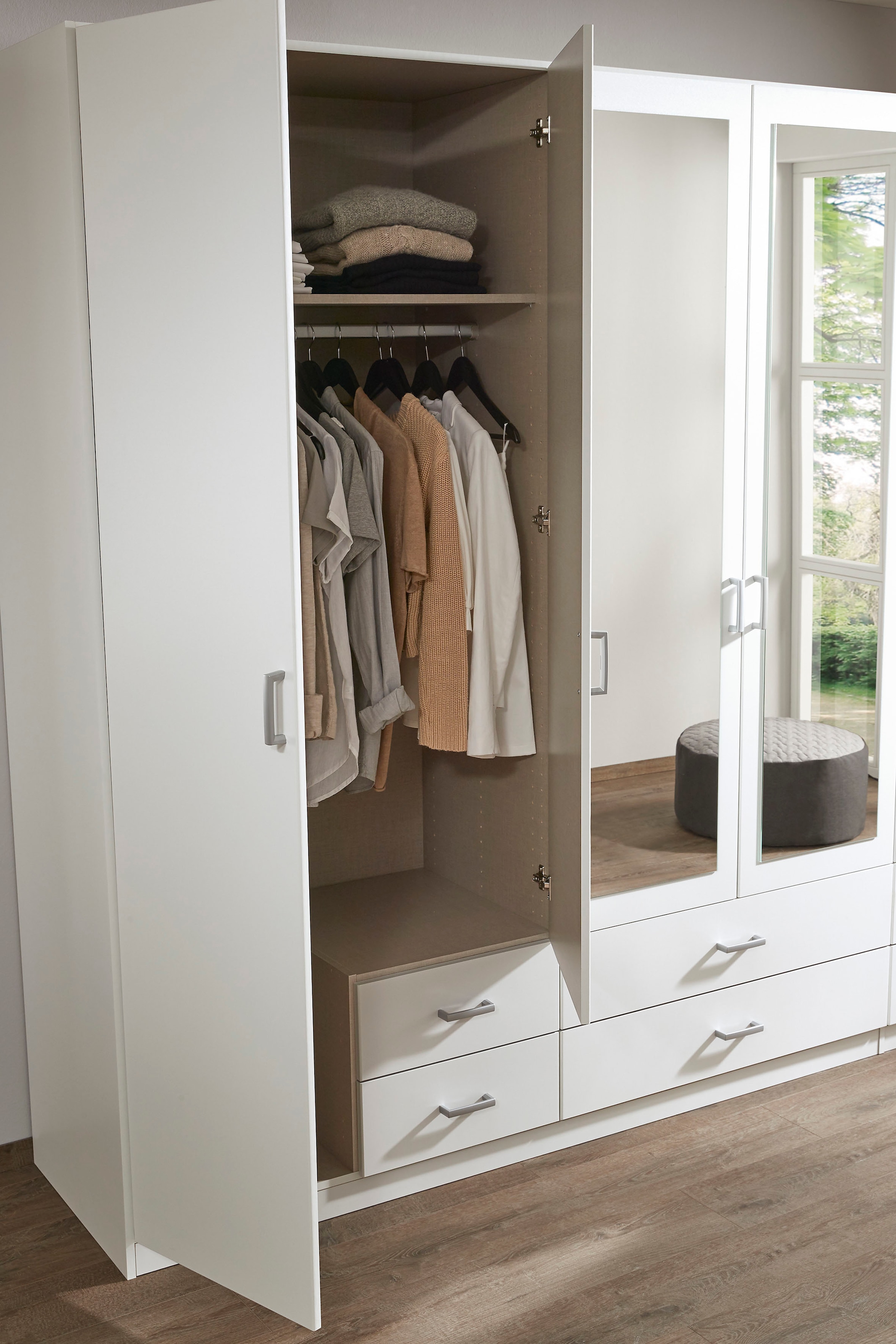 rauch Kleiderschrank »Gamma Drehtürenschrank Garderobe Schrank mit Spiegel«, in schlichtem Design mit Schubkästen und Spiegel, in 3 Breiten