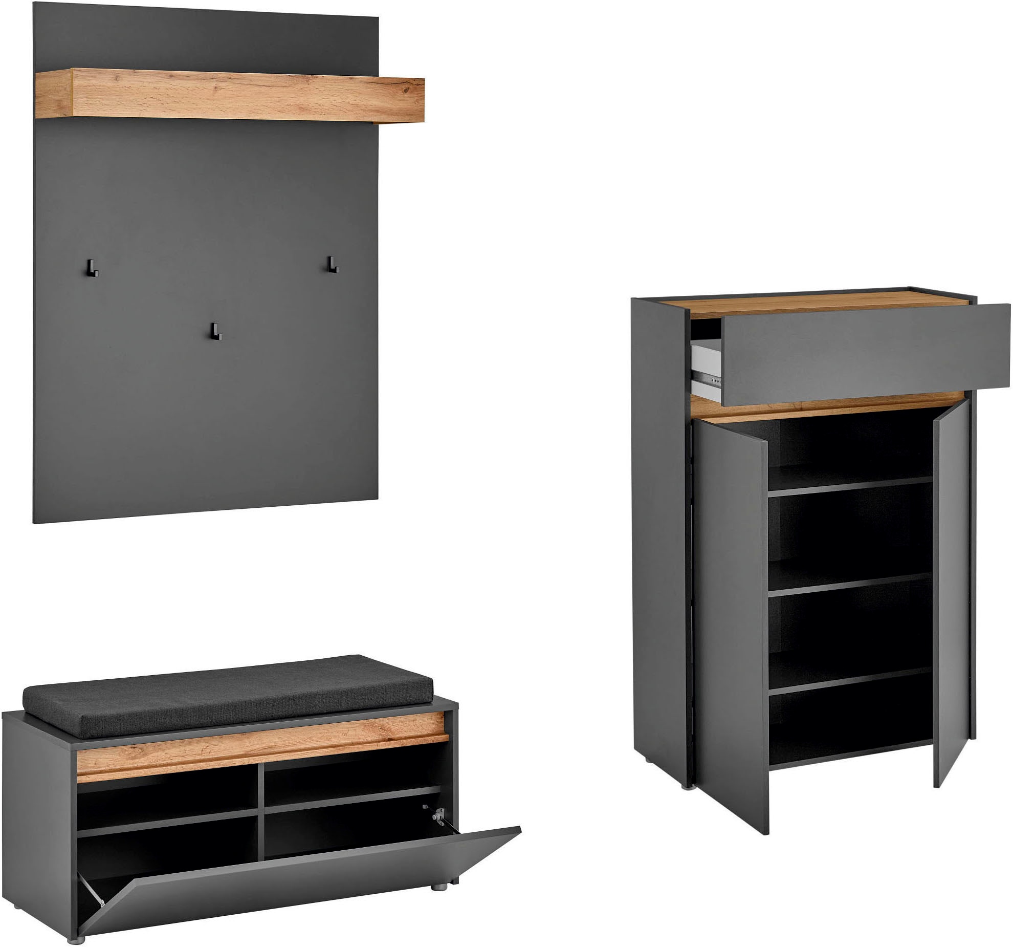 INOSIGN Garderoben-Set »City/Giron, moderne Garderobe, viel Stauraum, ca. 24 Schuhe«, (Set, 3 St.), enthält Schuhschrank, Garderobenpaneel & Garderobenbank mit Sitzkissen