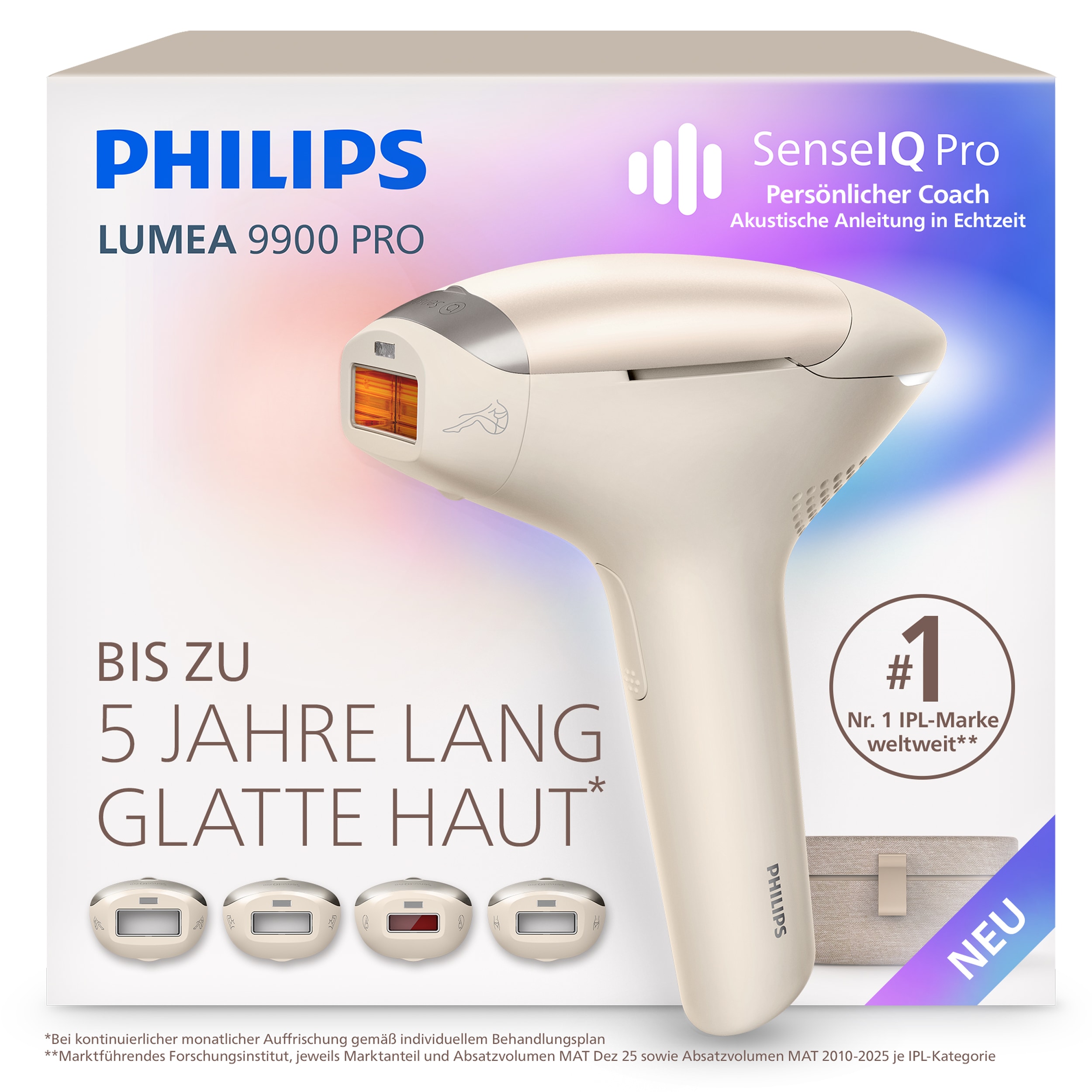 Philips IPL-Haarentferner "Philips Lumea Series 9900 Pro BRC342/00, NEUHEIT" 4 Aufsätze (Körper, Gesicht, Achseln, Bikinizone), Audioführung