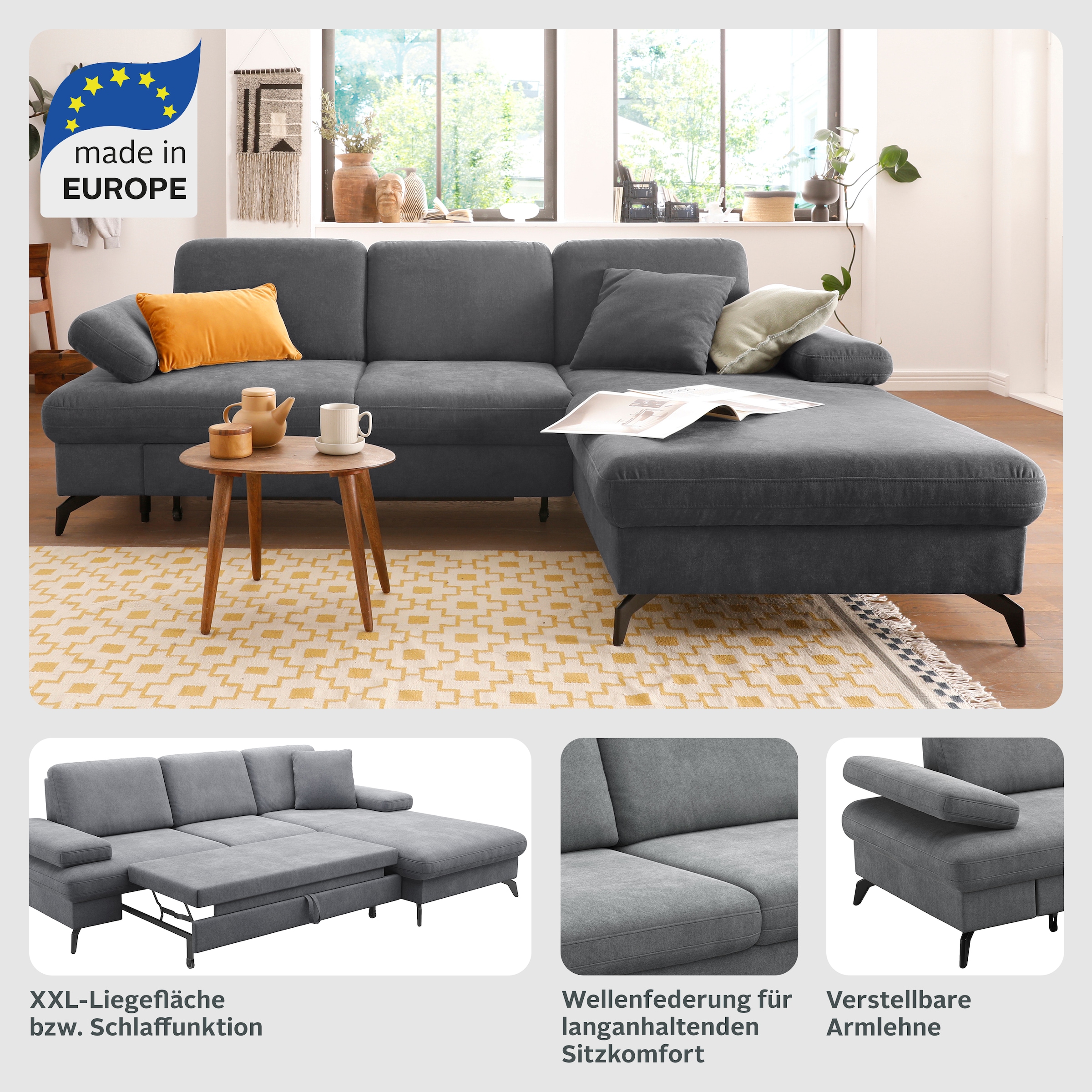 sit&more Ecksofa »Morris Jubi L-Form, inklusive XXL-Liegefläche, bzw. Schlaffunktion«, Bettfunktion, Armteilverstellung und 1 Zierkissen