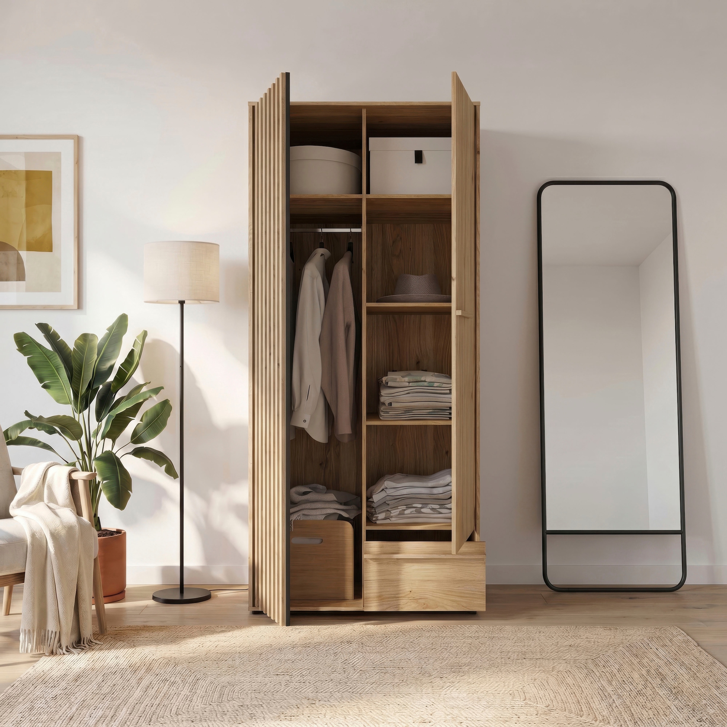 FORTE Kleiderschrank »Drehtürenschrank,Lamellenoptik, Einlegeböden,Stauraum« B/H/T 93,1/200,1/58,7cm; Schubkasten mit Vollauszug