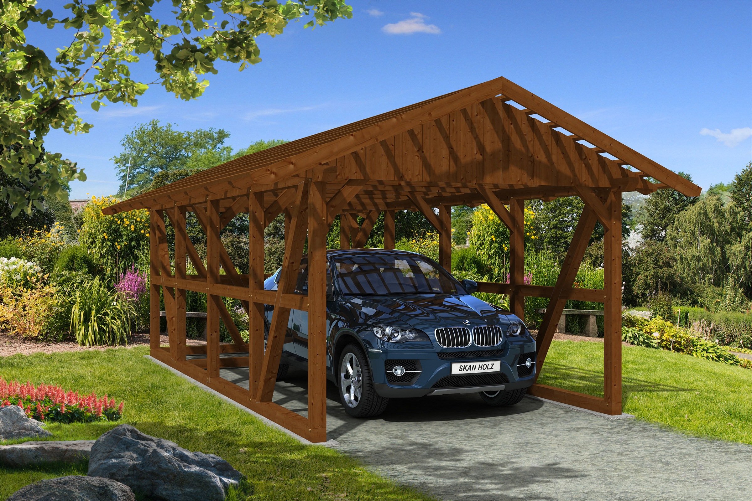 Skanholz Einzelcarport »Schwarzwald«, KVH-Fichte, 300 cm, Nussbaum, mit Dachlattung