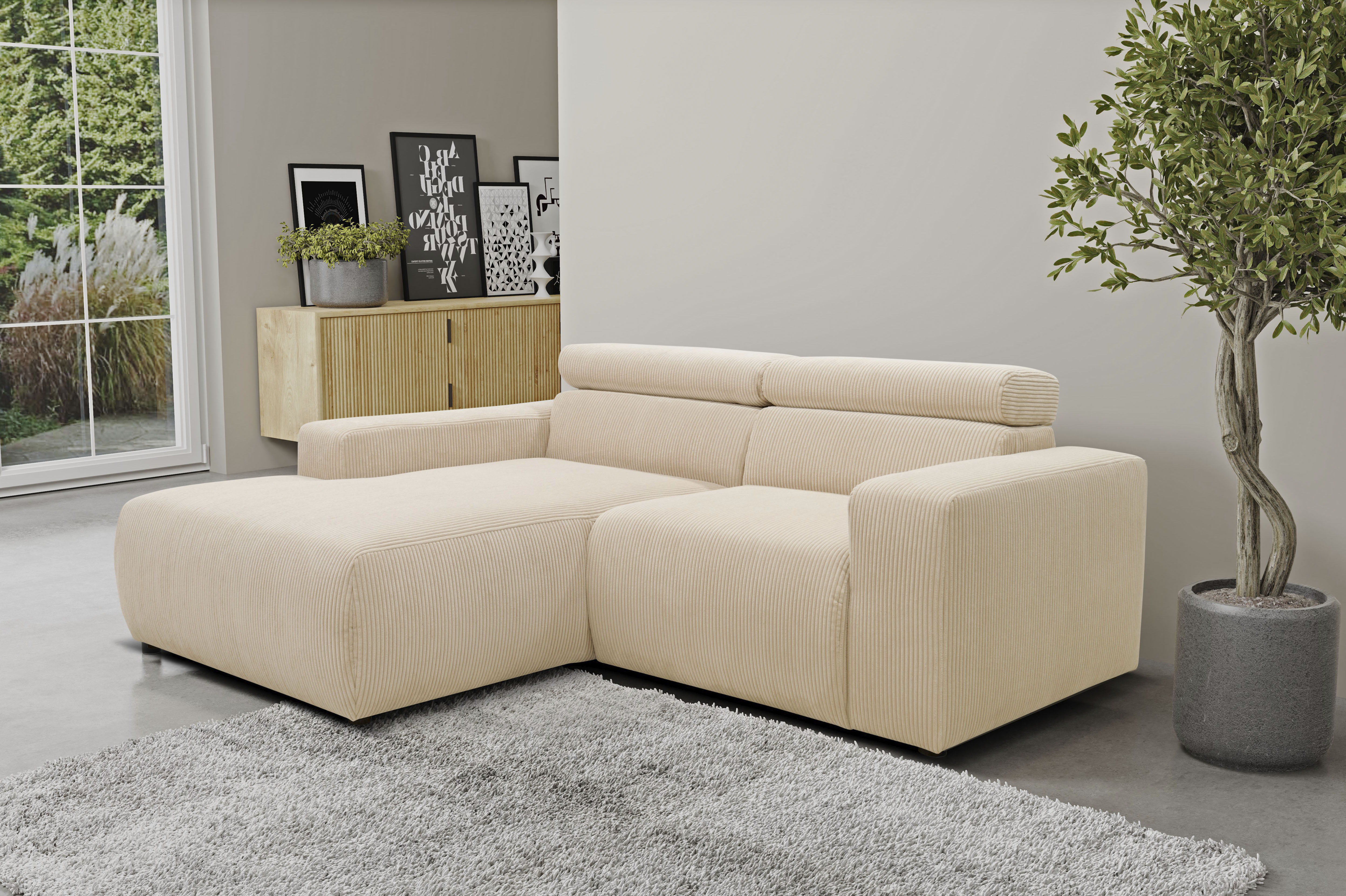 DOMO collection Ecksofa "BRANDON inkl. Kopfteilverstellung, 214x100x80 cm, L-Form" Cord, creme