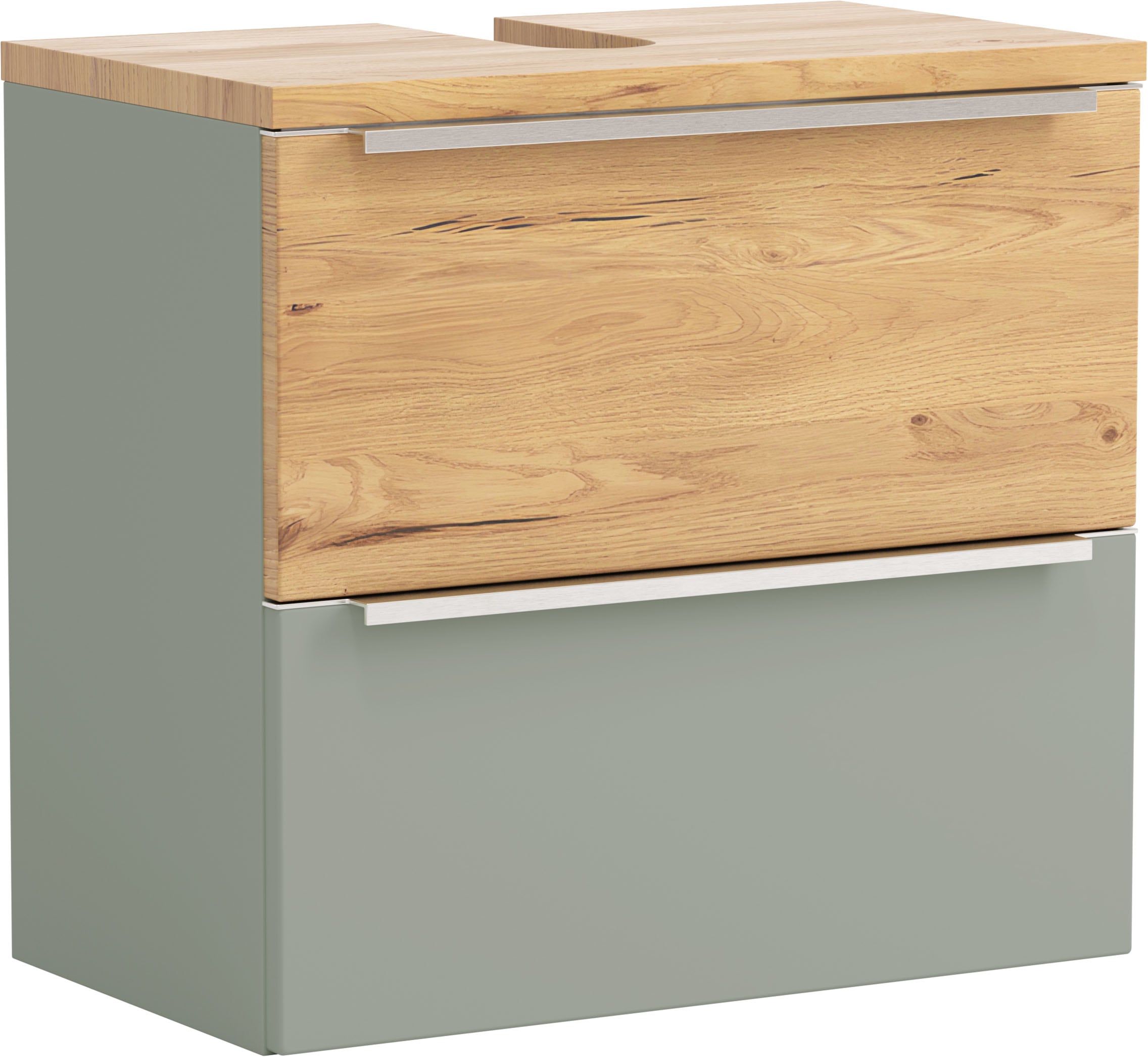 welltime Waschbeckenunterschrank "TRIENT Unterbeckenschrank 60 cm, Softclose und gedämpfte Scharniere" Schilfgrün/Wildeiche, gedämpfte Scharniere und Softclose-Auszug
