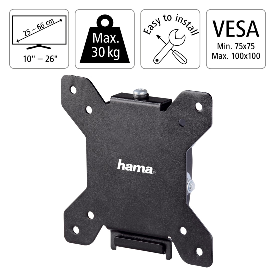 Hama TV-Wandhalterung »TV-Wandhalter, neigbar, bis 30kg, 25 - 66 cm (10" - 26"), VESA 100x100«, bis 66 cm Zoll