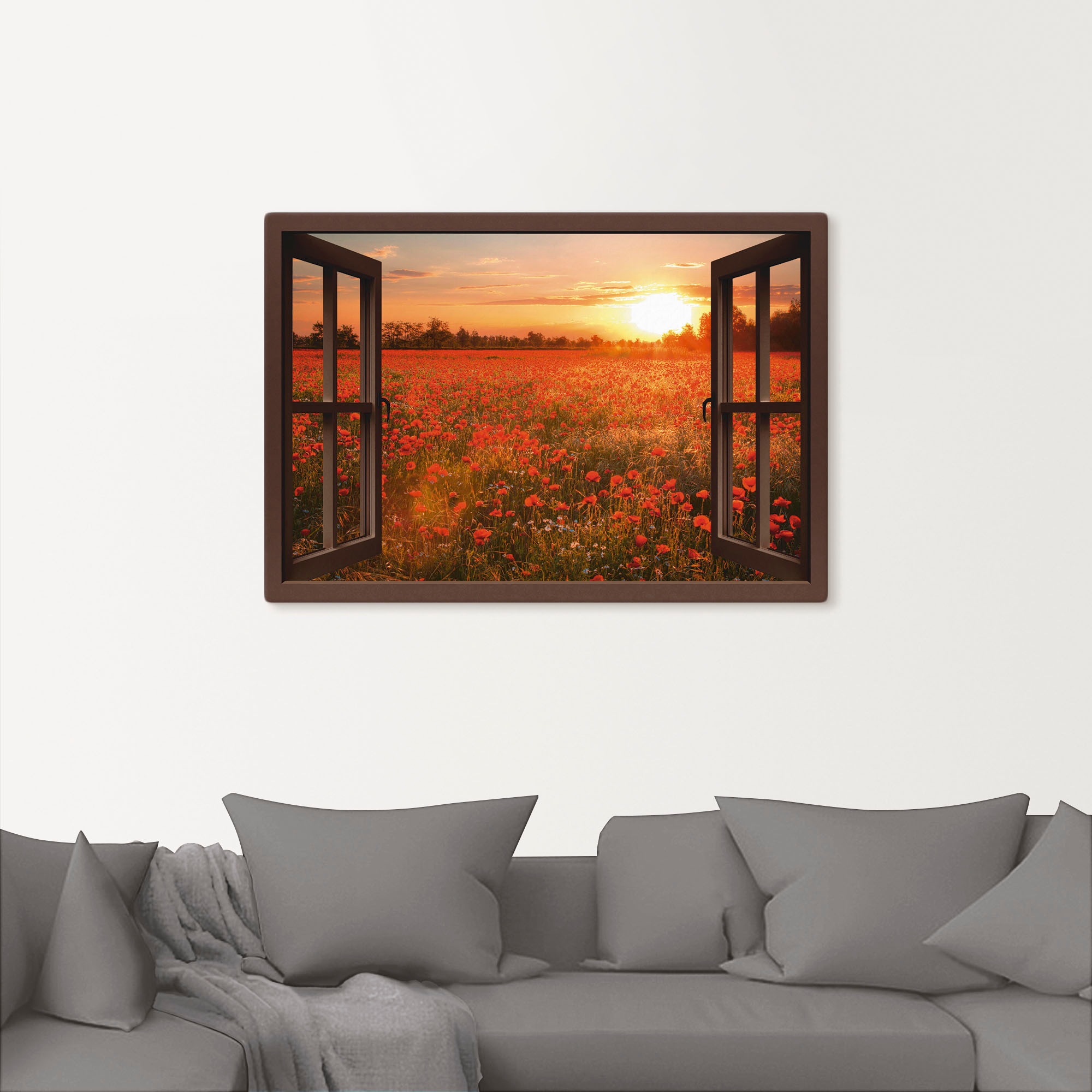 Artland Leinwandbild "Fensterblick Mohnblumenfeld - braun" Blumen 1 Stk. tl günstig online kaufen