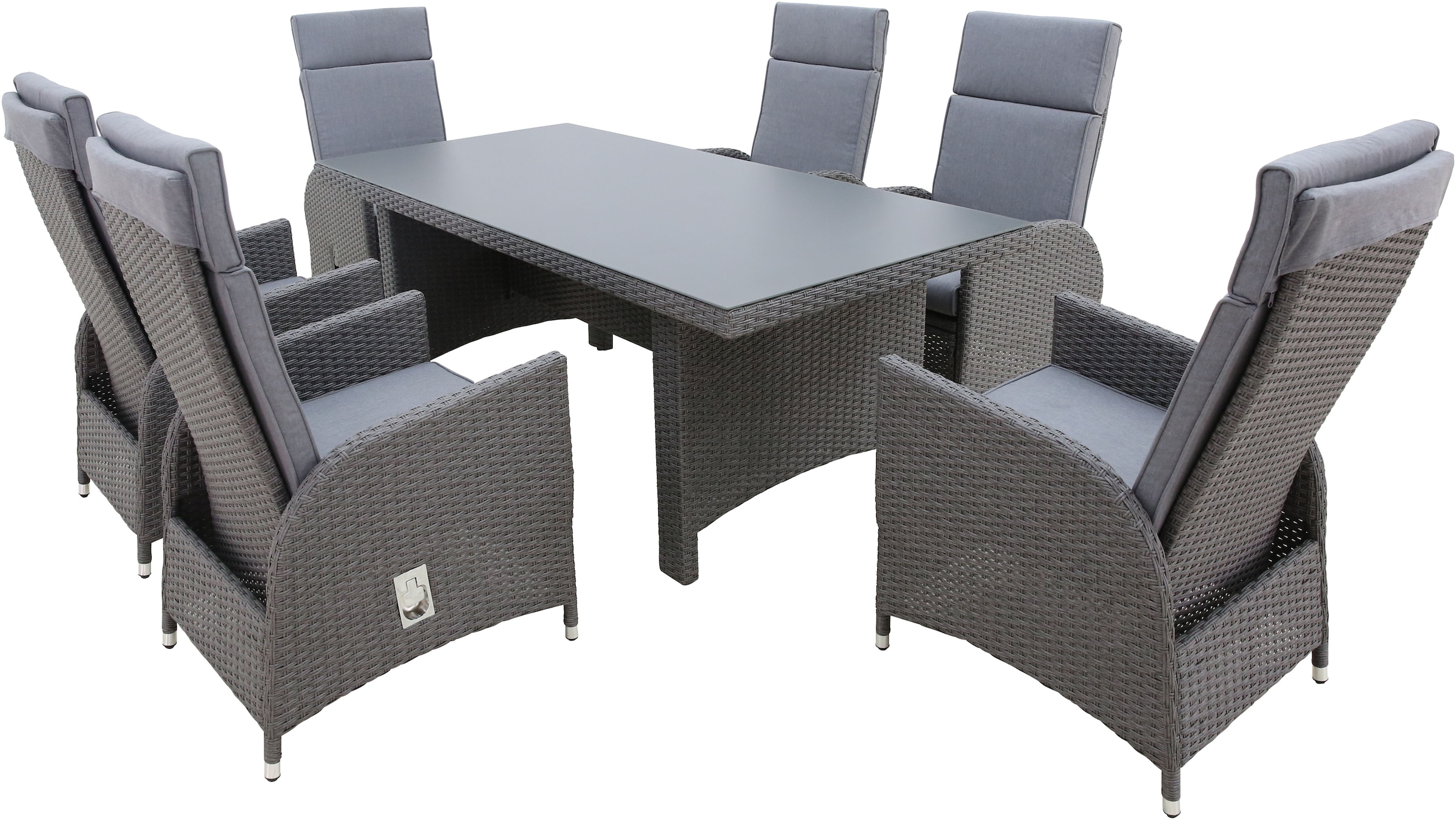 KONIFERA Garten-Essgruppe »»Newcastle««, (Set, 13 tlg., 6 Sessel, Rückenlehne verstellbar, Tisch 95x200x75 cm, inkl. Auflagen), Aluminium/Polyrattan