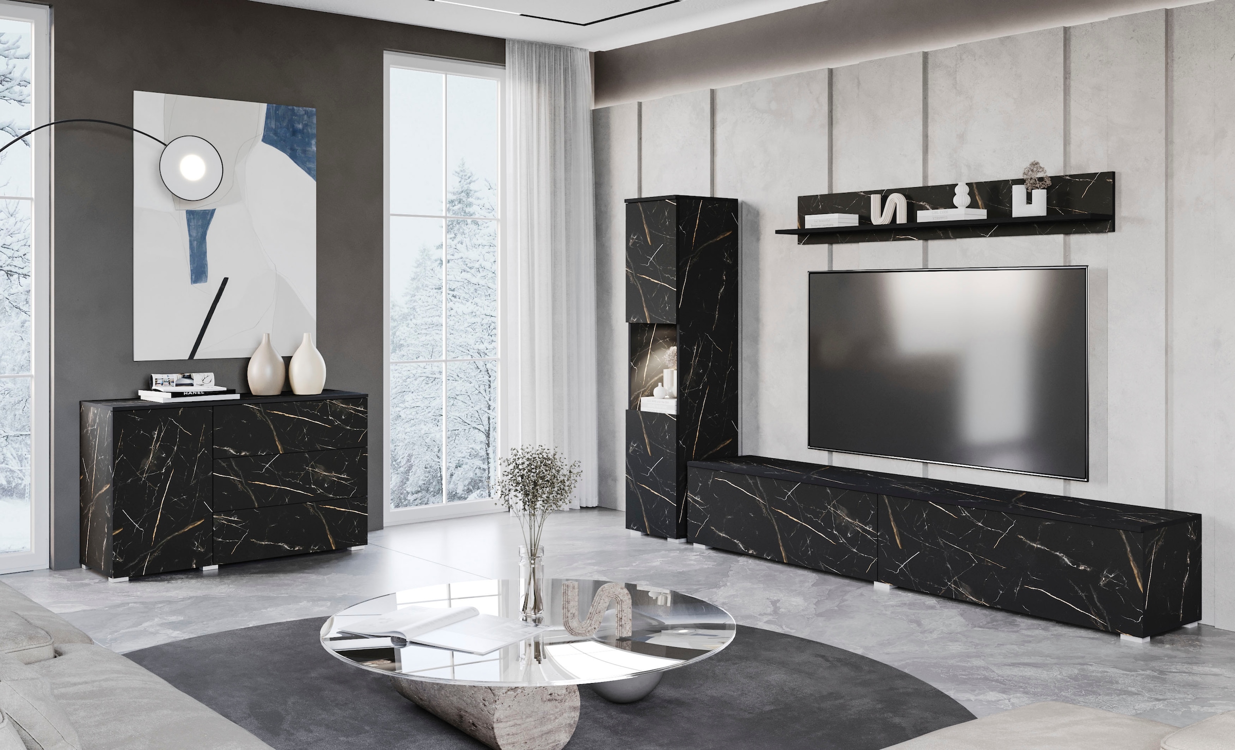 INOSIGN Wohnwand »PARIS, Vitrine Türanschlag links/rechts wechselbar«, (Komplett-Set, 3 St.), grifflose Design, stehend und hängend montierbar