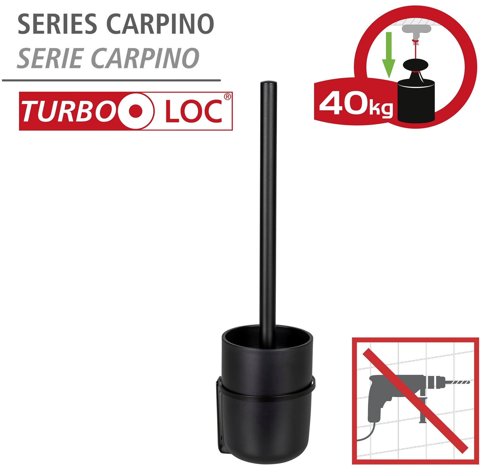 WENKO WC-Garnitur »Turbo-Loc® Carpino«, aus Kunststoff-Metall, schwarz, Befestigen ohne Bohren
