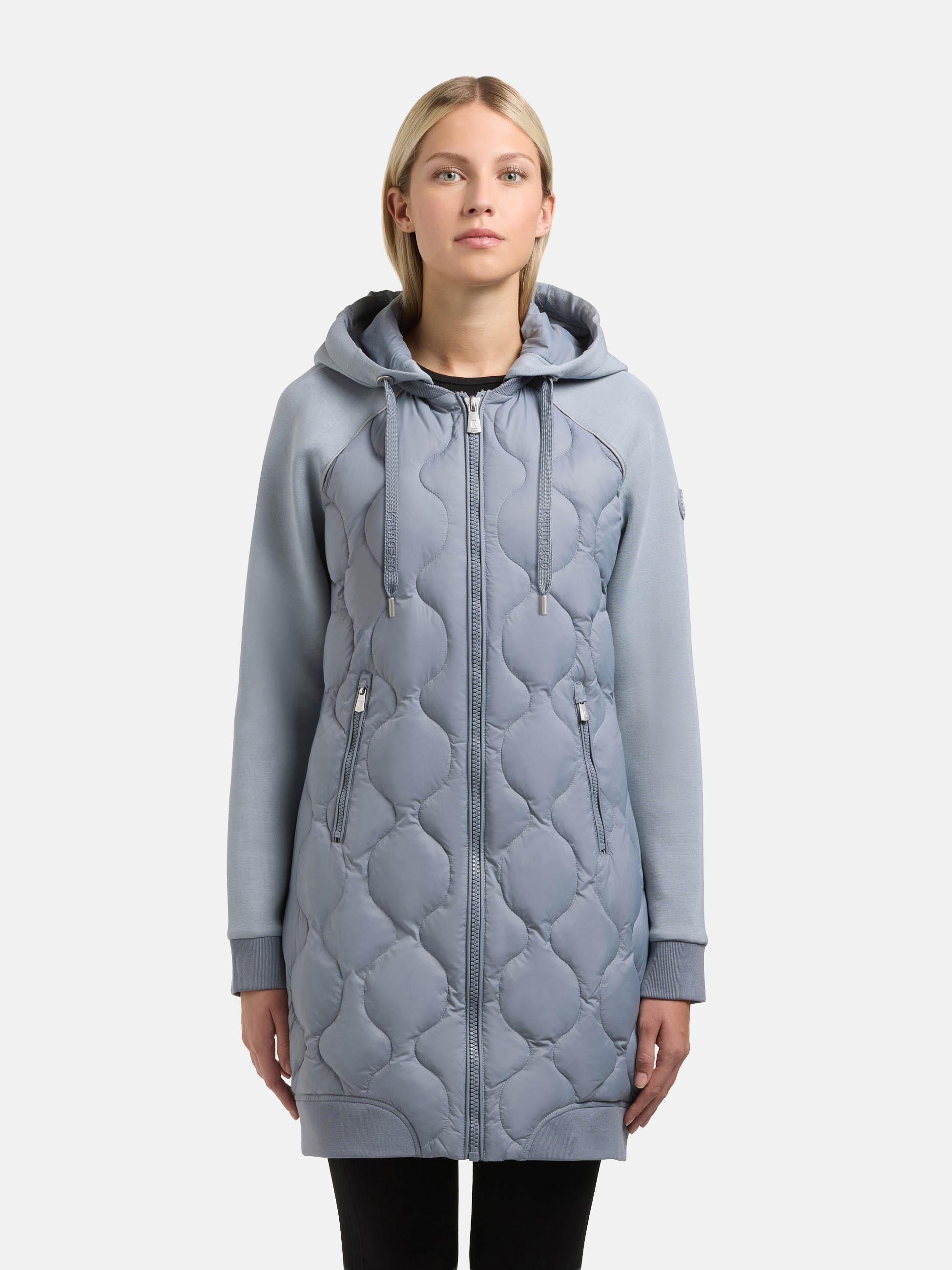 Kurzmantel KHUJO "Nora", Damen, Gr. S (36), misty blau, Obermaterial 1: 100% Nylon; Obermaterial 2: 80% Viskose, 12% Nylon, 8% Elasthan; Innenfutter: 100% Nylon; Wattierung: 100% Polyester, tailliert ca. Mitte Oberschenkel, hoch geschlossener Ausschnitt, 