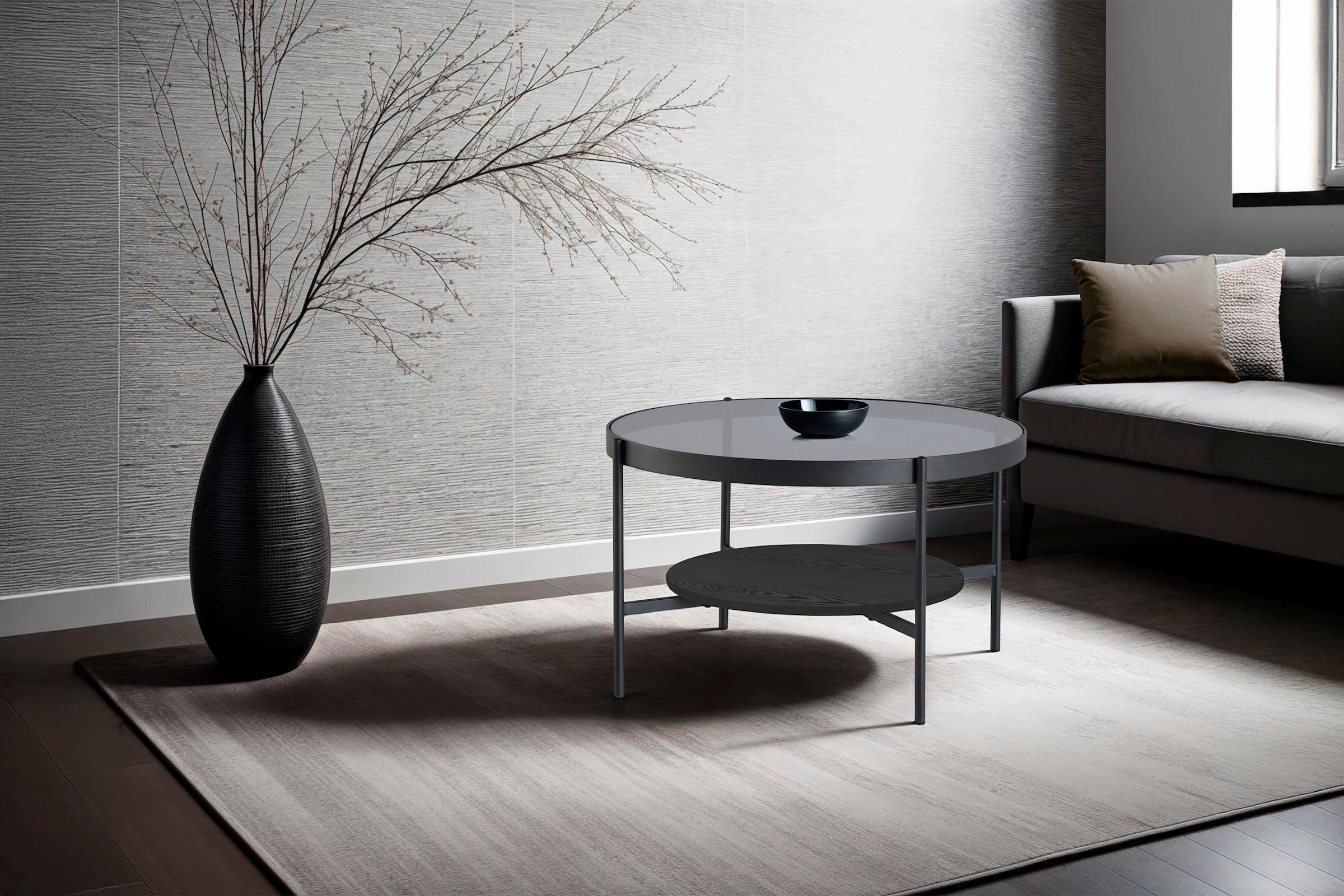 byLIVING Couchtisch »Ohio«, mit Rauchglas, Ablage aus Echtholzfurnier, rund, D 73,5 / H 42,5 cm