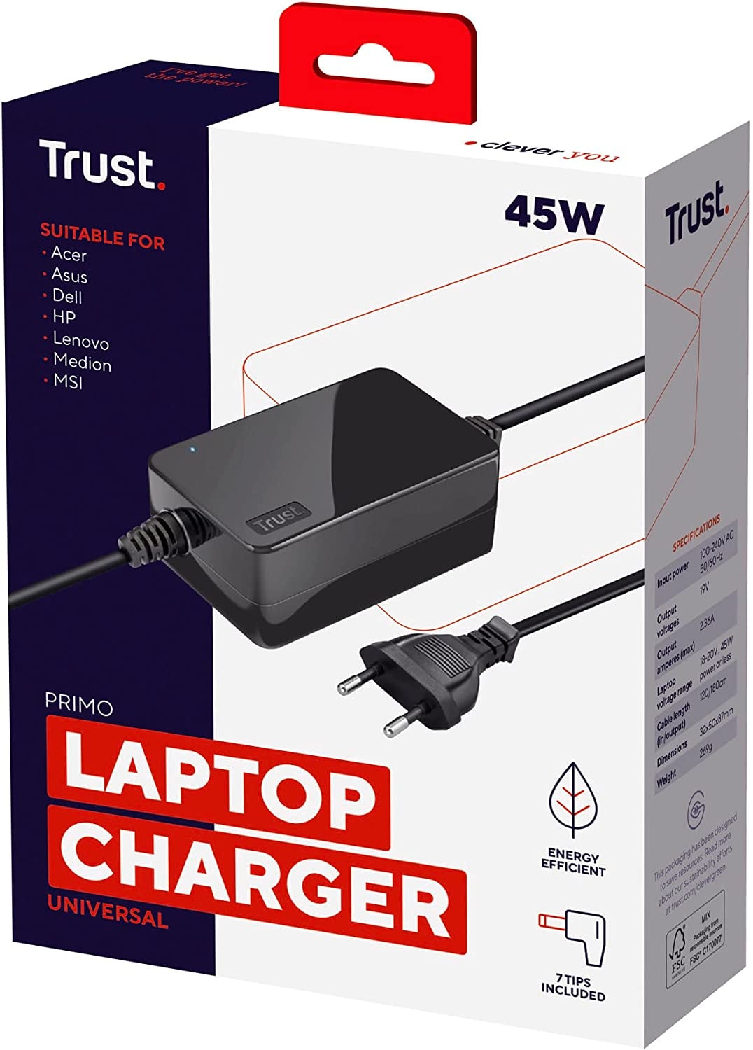 Trust Laptop-Ladegerät »PRIMO LAPTOP CHARGER 19V-45W«