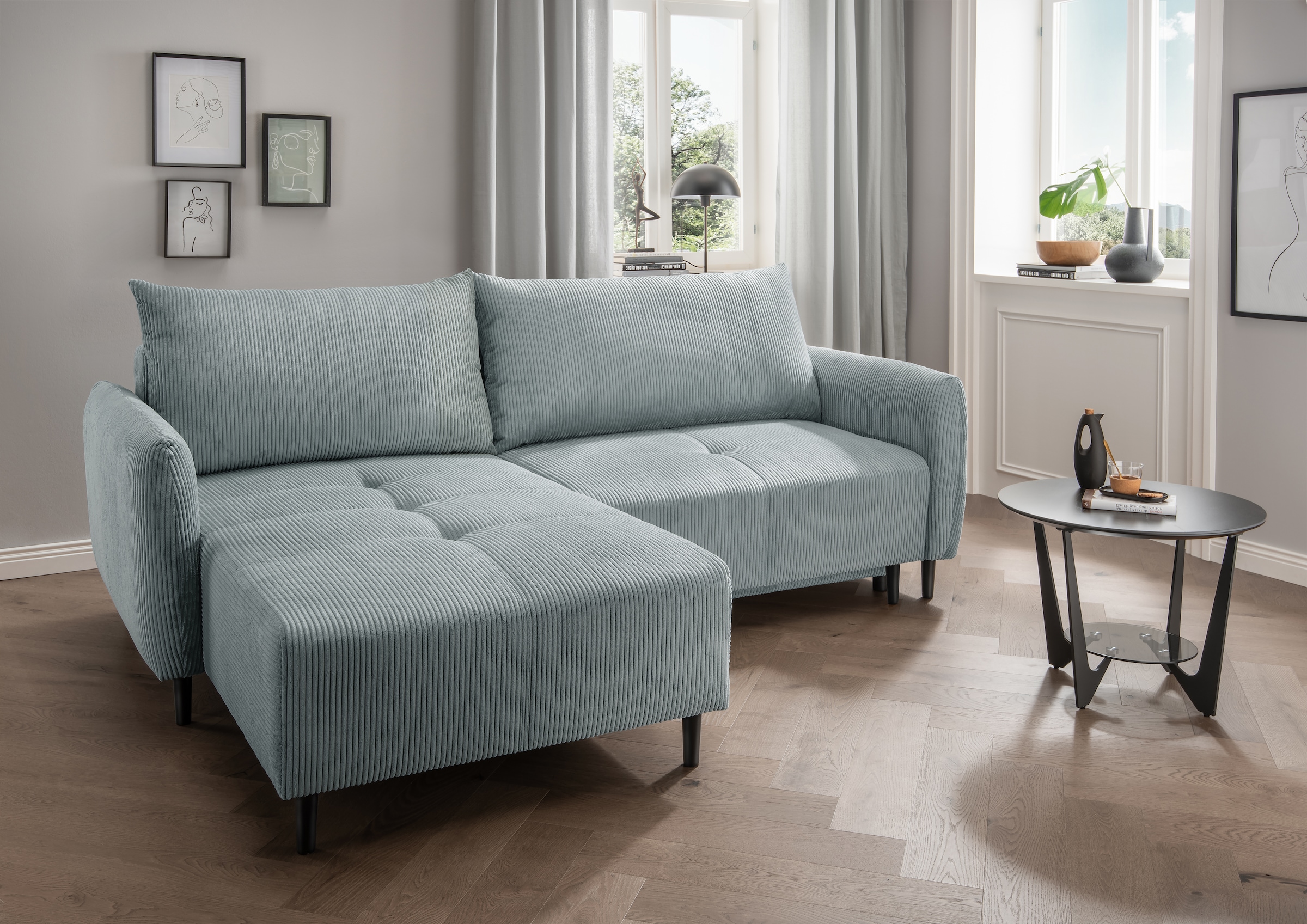 INOSIGN Ecksofa »Mara, L-Form, aktueller Cord Bezug und tolle Farben, schmale Armlehnen«, whlw. mit Bettfunktion,Recamiere links/rechts montierbar, Breite 238cm