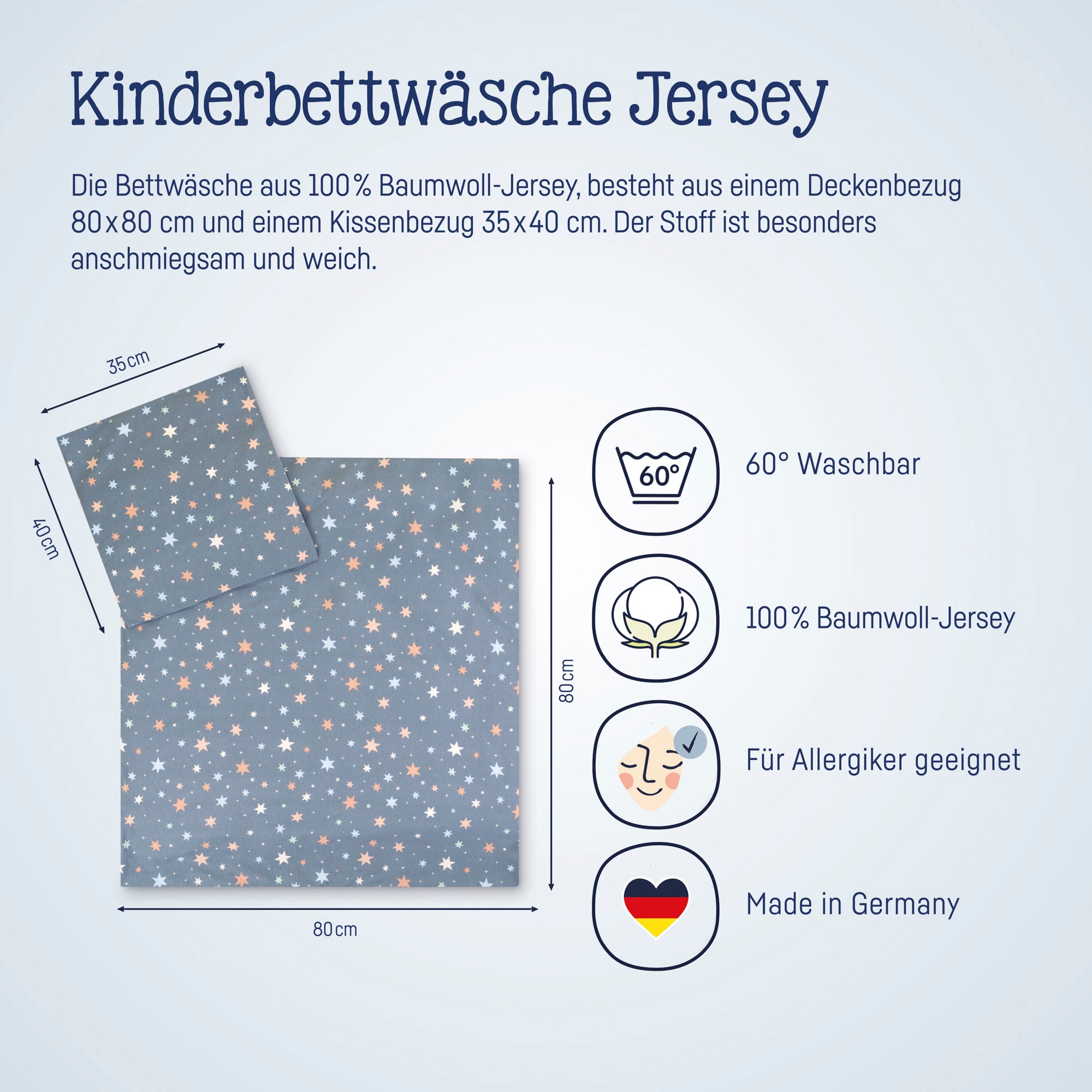 Julius Zöllner Kinderbettwäsche »Baby- und Kinderbettwäsche aus 100% Jersey-Baumwolle«, (2 tlg.), erhältlich in den Größen 80x80+35x40cm und 100x135+40x60cm