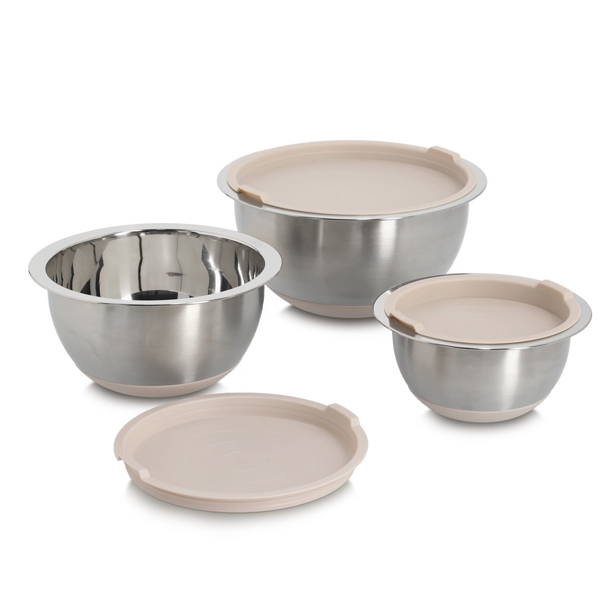 Zeller Present Schüssel »Schüssel-Set mit Deckeln, 3-tlg., Edelstahl/Kunststoff, beige« 3 ca. Ø19,5x10,Ø23,5x12,5,Ø27,5x14 cm