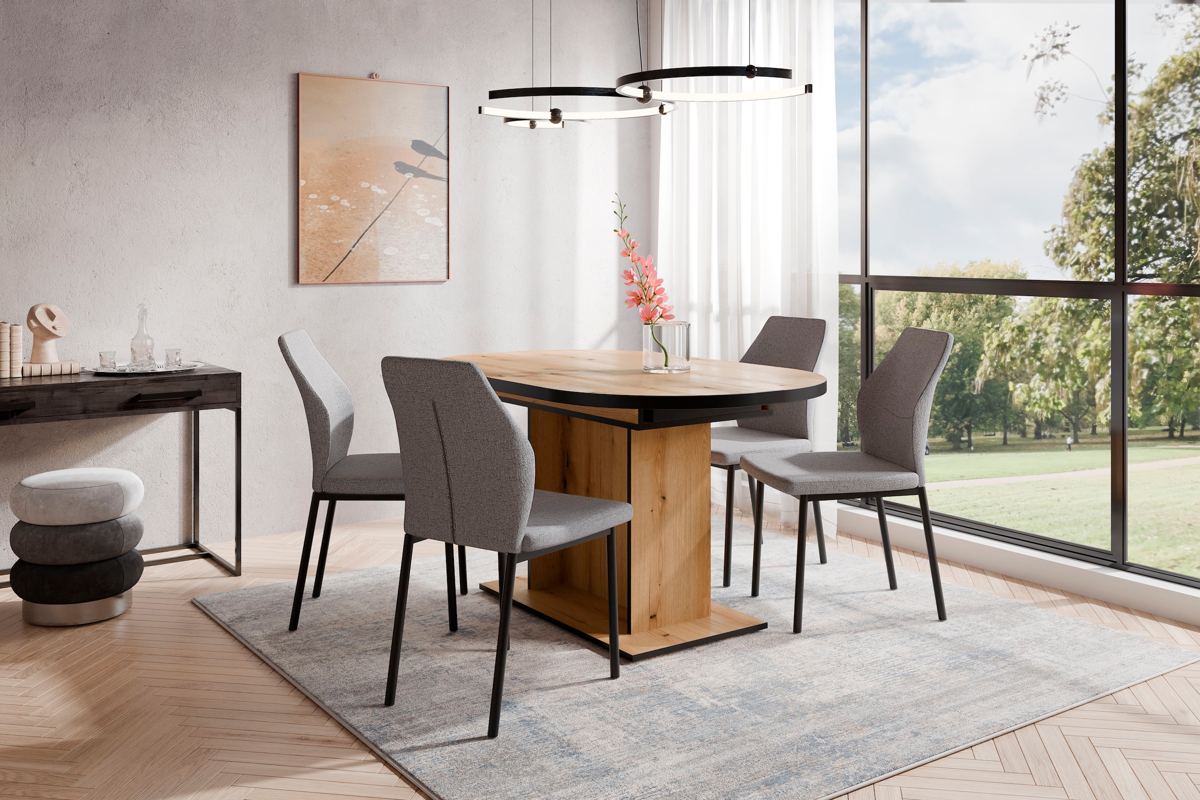 Home affaire Essgruppe »Basel, Tischgruppe mit Ausziehtisch«, (Set, 5 tlg.), BESTSELLER, Sitzgruppe, Tisch, Stühle, ovale Tischplatte, Säulentisch