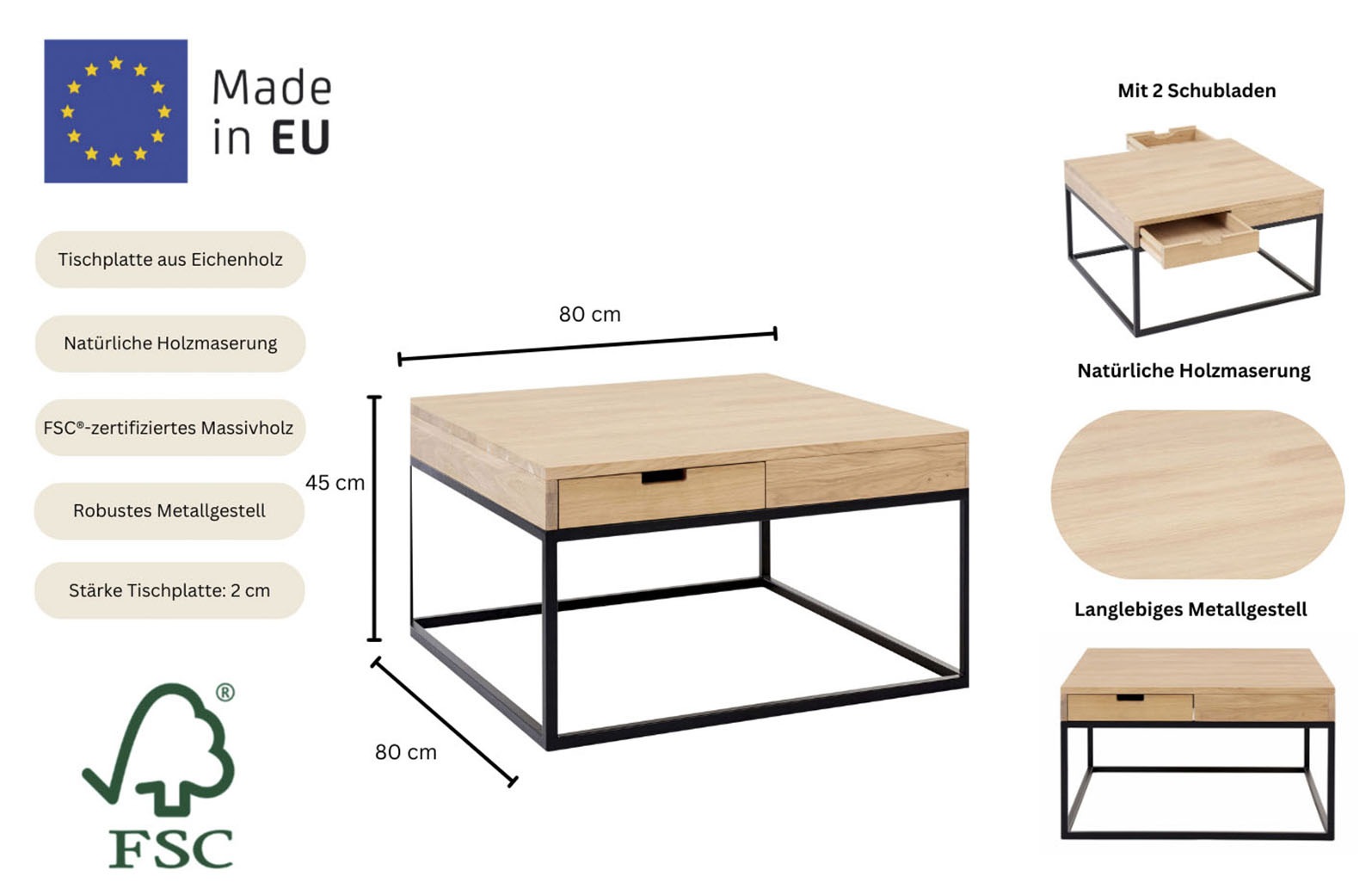 Home affaire Couchtisch »Rava« B/T/H: 90/60/45 cm,  in 2 Größen, aus massiver Eiche