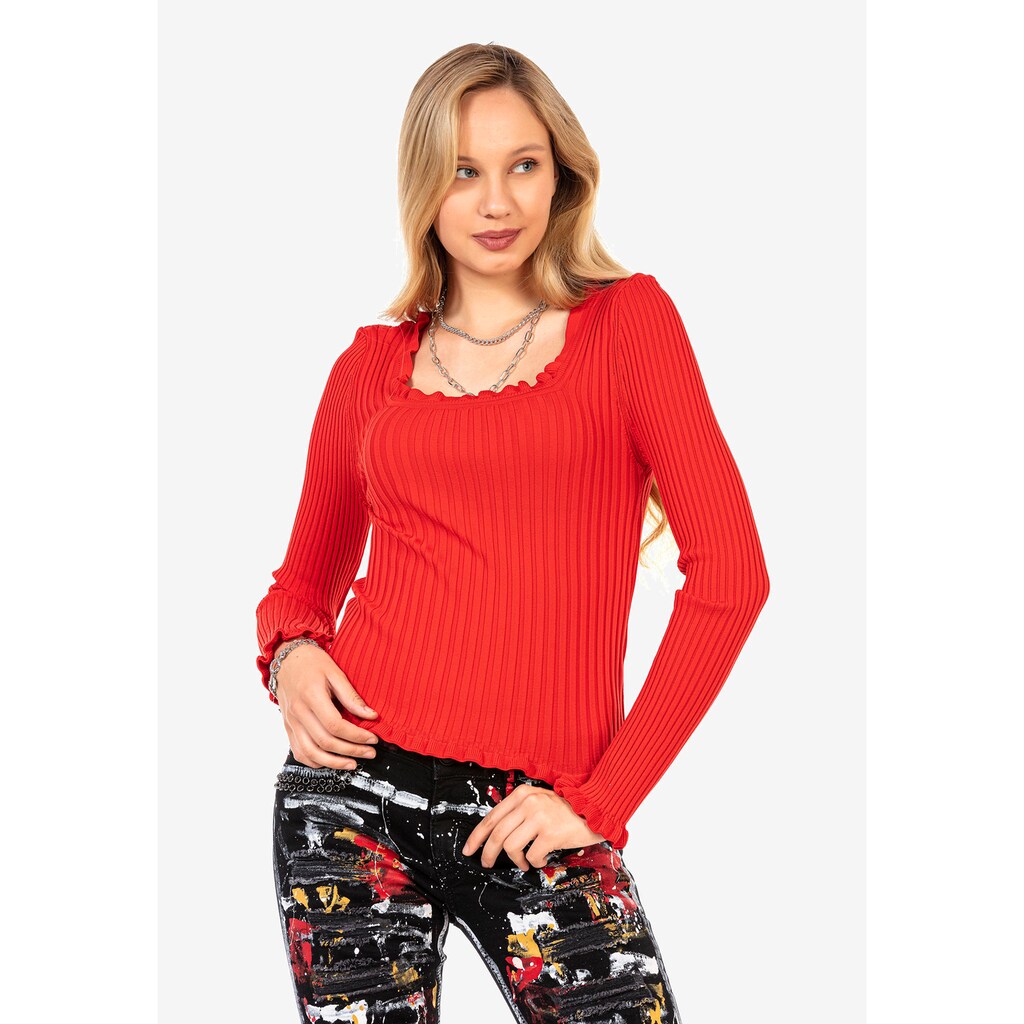 Damenmode Pullover Cipo & Baxx Strickpullover, mit gewelltem Rundhalsausschnitt rot Damenmode Pullover Cipo & Baxx Strickpullover, mit gewelltem Rundhalsausschnitt rot
