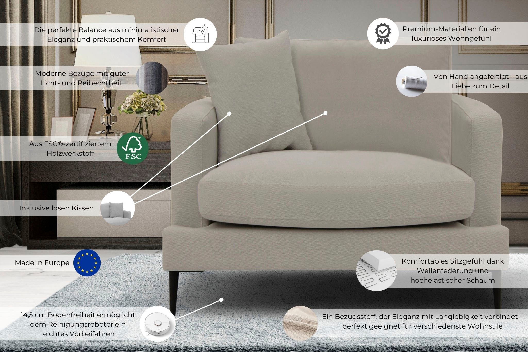 Leonique Sessel »Cozy Loungesessel, Designersessel, Maße B/T/H: 91/97/80 cm«, mit Metallbeinen und Zierkissen