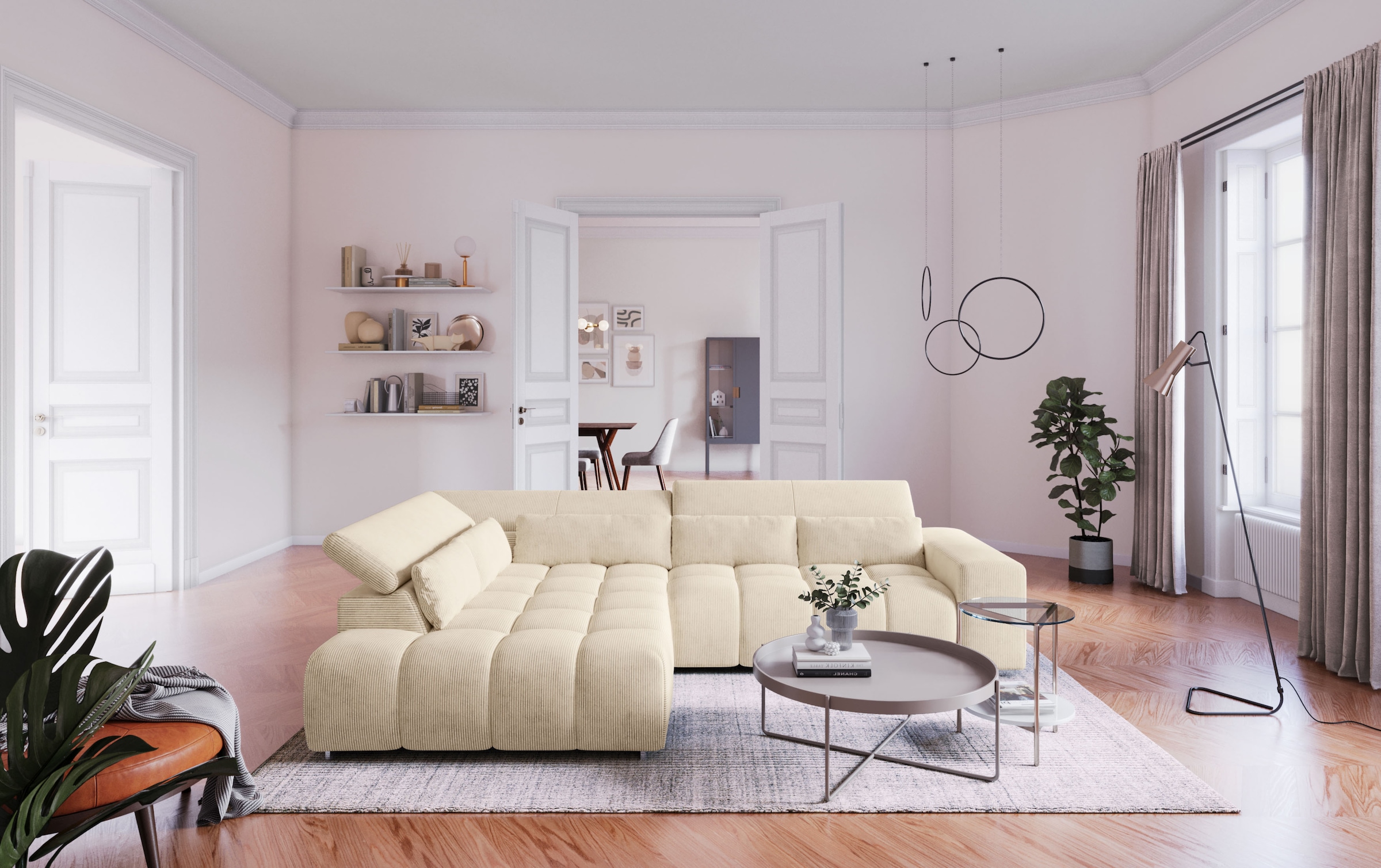COTTA Ecksofa "Orion L-Form, B: 310 cm, moderne Steppung, bequeme Wellenunterfederung" Kopfteilverstellung & 5 Nierenkissen