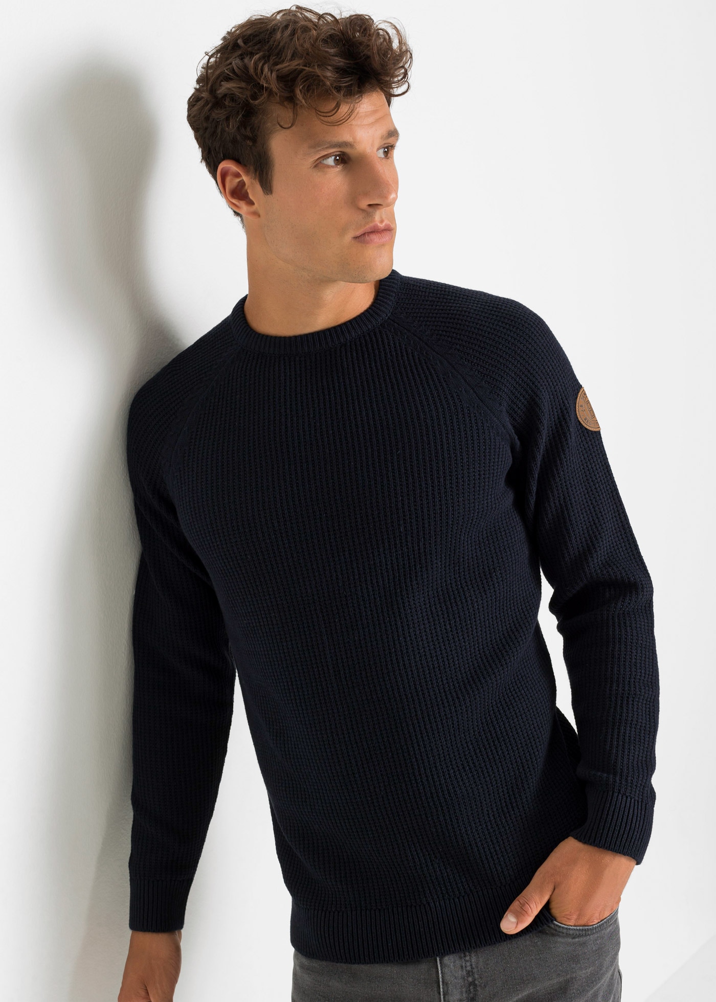 bonprix Strickpullover aus Baumwolle und Polyester, mit Rundhalsausschnitt, günstig online kaufen