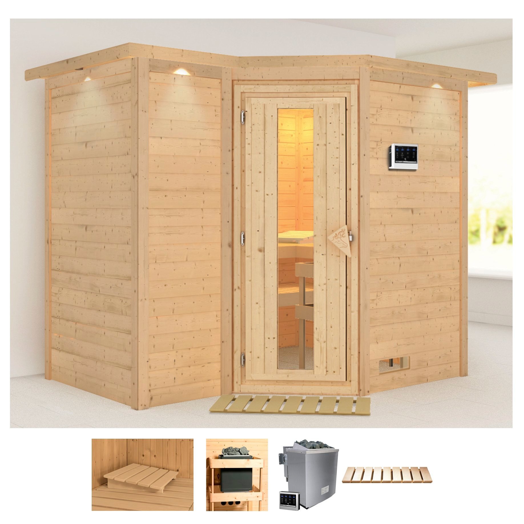 Karibu Sauna "Sanna 2", 9-kW-Bio-Ofen mit externer Steuerung