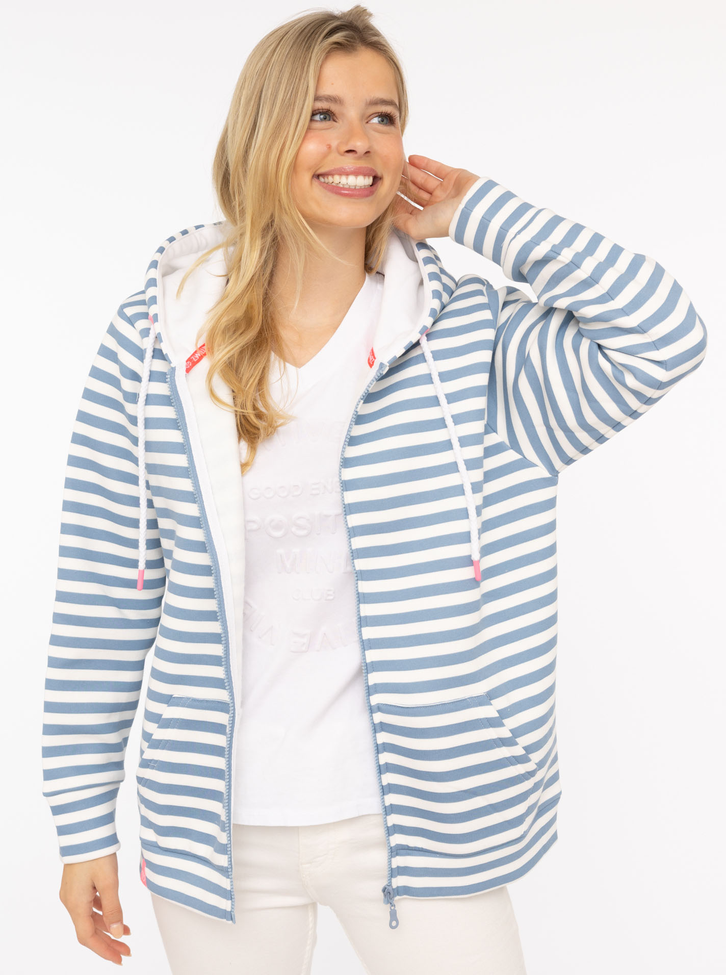 Thumbnail - Zwillingsherz Kapuzensweatjacke Streifen, Kapuze, Reißverschluss, modisch, Langarm, Taschen