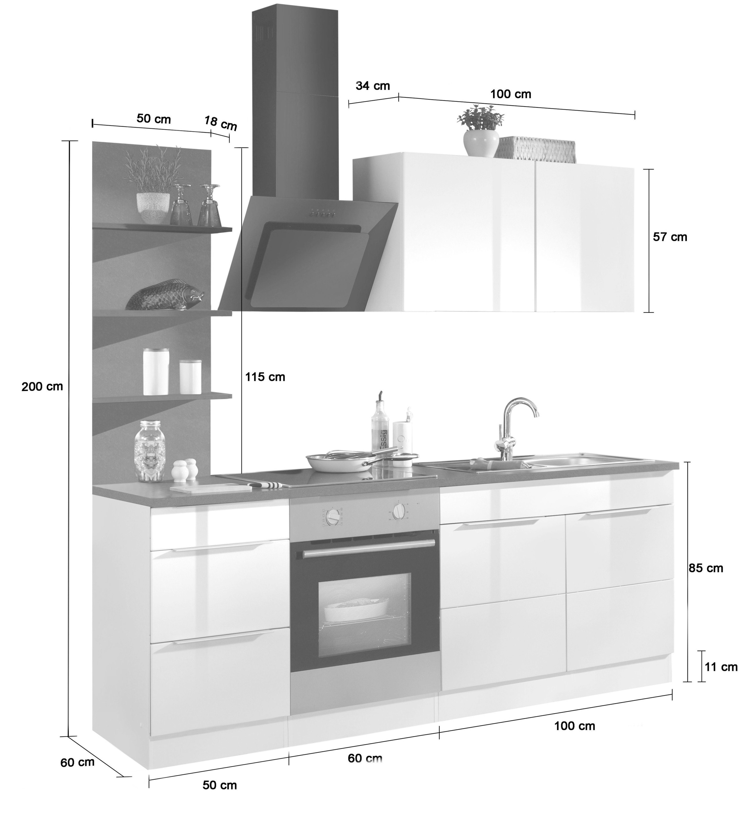 KOCHSTATION Küchenzeile »KS-Brindisi«, Breite 210 cm, wahlweise mit E-Geräten, mit MDF-Fronten und Regal