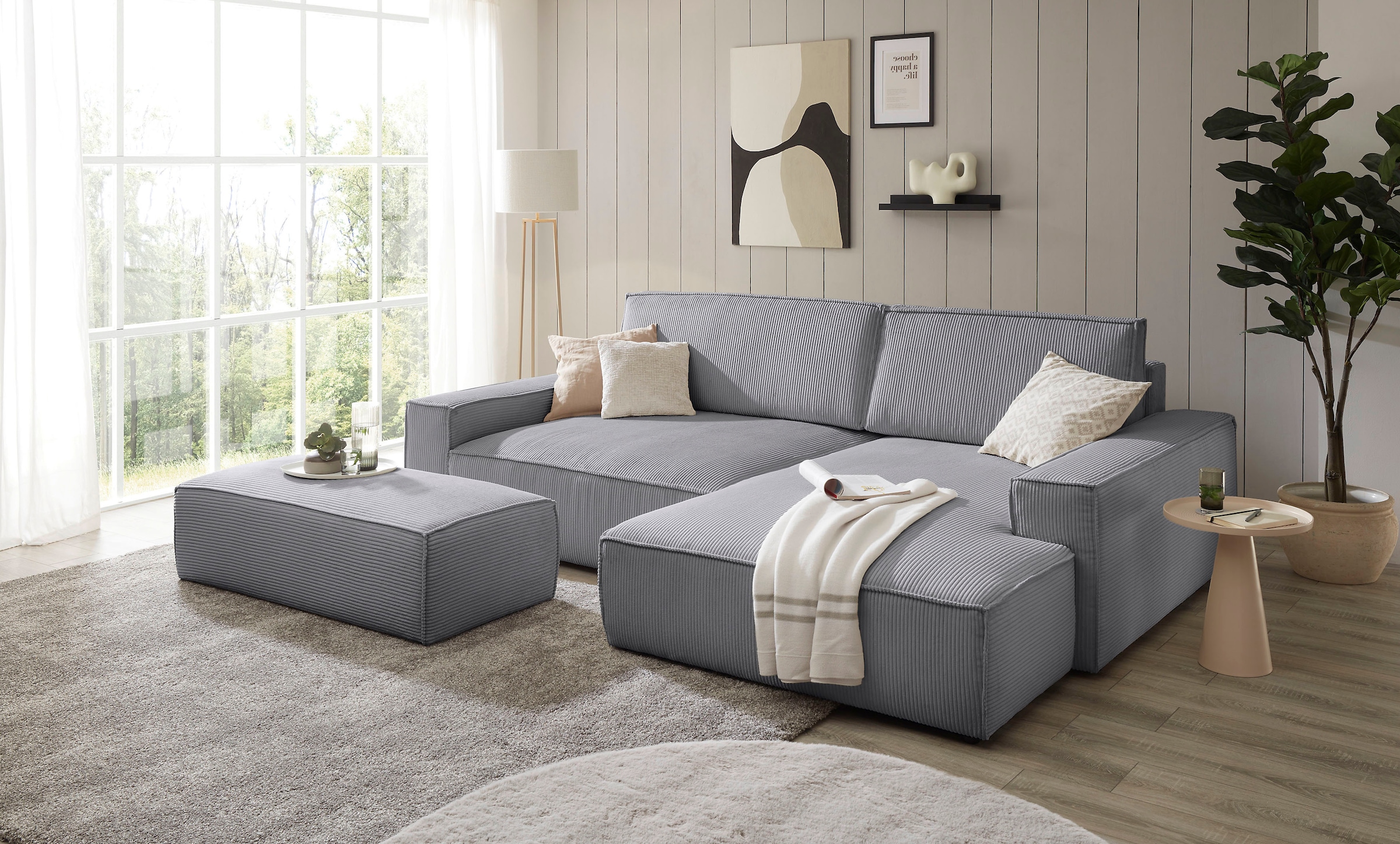 Home affaire Polsterecke »NEU: SHERWOOD XXL tief, L-Form mit Schlaffunktion, Big-Sofa mit Hocker«, (Set, 2 St.), stellbar zum Schlafsofa (Krokodilverbinder), Cord, Leinenoptik