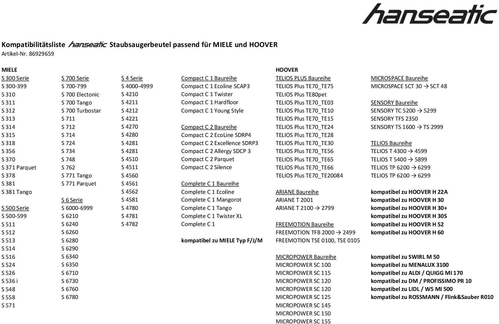 Pack, Hanseatic TE70_TE75 Plus MIELE Telios 4210 für HOOVER (Packung), 10er- S | Staubsaugerbeutel, passend BAUR und