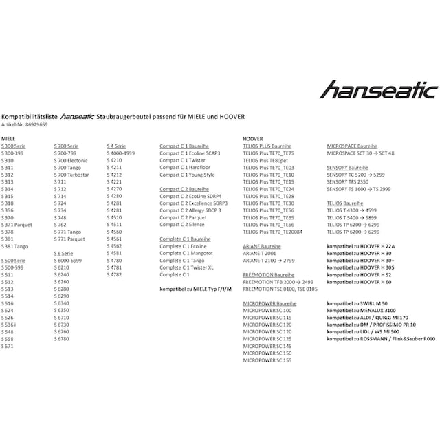 Hanseatic Staubsaugerbeutel, (Packung), 10er- Pack, passend für MIELE S  4210 und HOOVER Telios Plus TE70_TE75 | BAUR