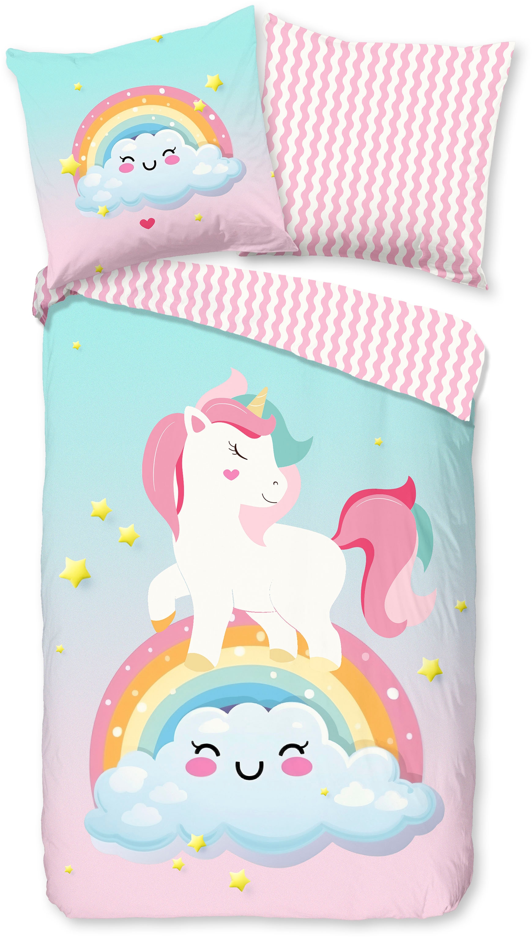 good morning Kinderbettwäsche "Sweety", Baumwolle, 135x200, Wendeoptik, Kind, Einhorn, Regenbogen, Rosa, Multi