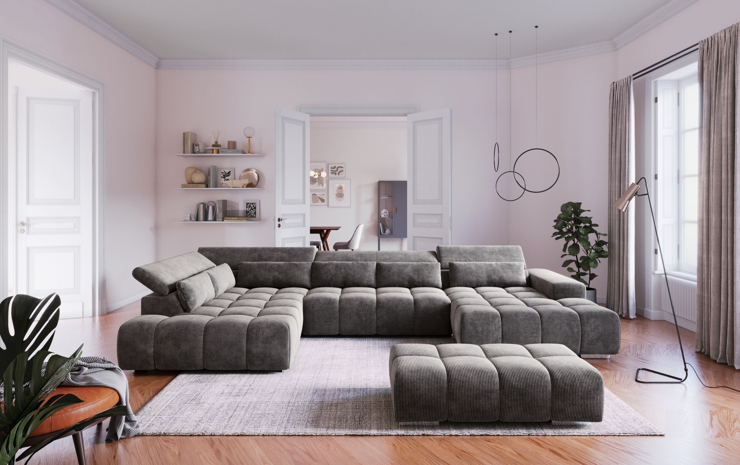 COTTA Wohnlandschaft "Orion U-Form XXL, B: 409 cm, bequeme Wellenunterfederung, top modern" mit Kopfteilverstellung & 6 Nierenkissen