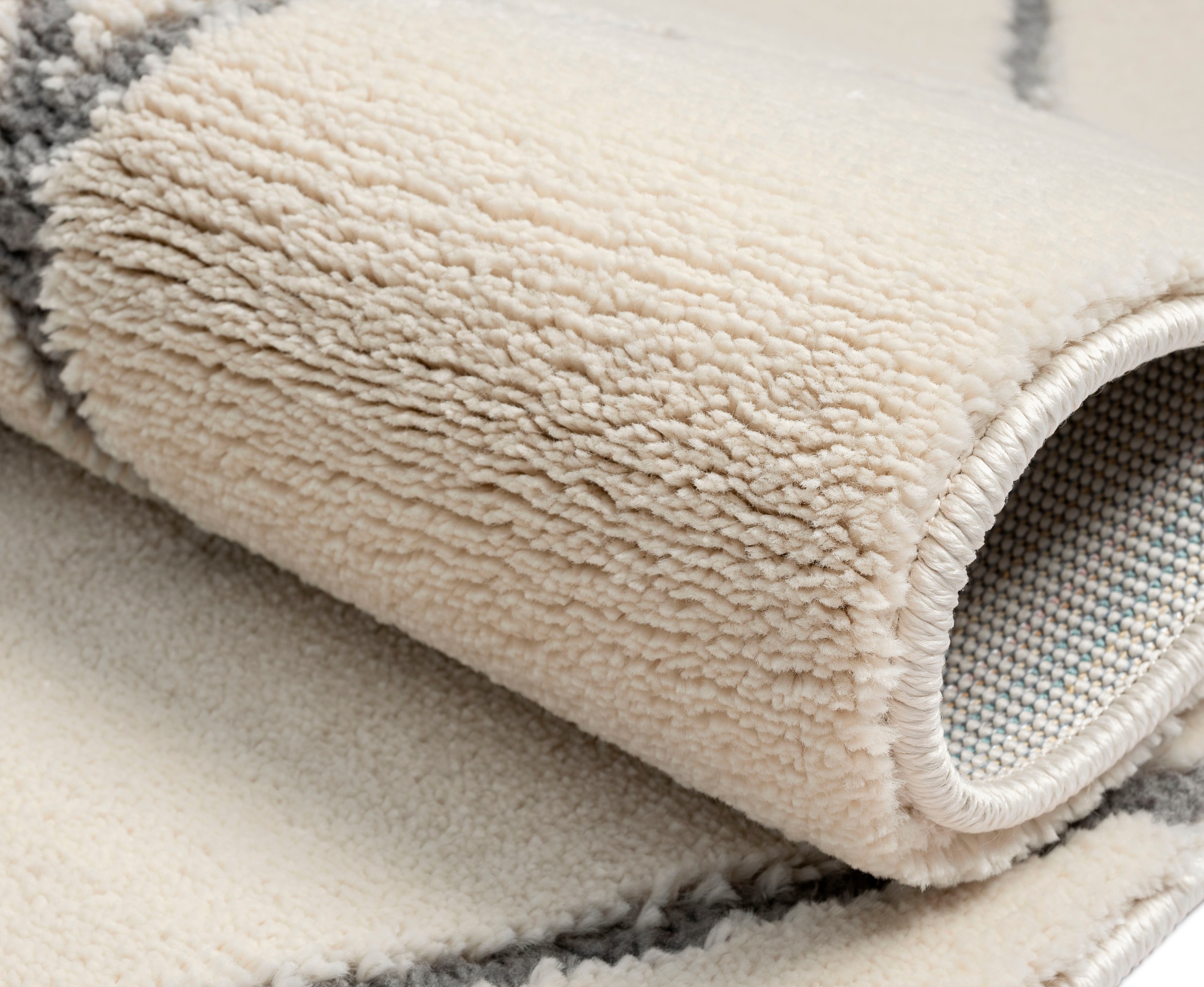 Hochflor-Teppich "Moroccan Design, LAGERRÄUMUNG", grau (weiß, grau), B:100cm H:24mm L:200cm, Polyester, Polypropylen (PP), MYFLAIR MÖBEL & ACCESSOIRES, Teppiche, Fransenteppich, modern, marokkanisches Design, Rauten Muster, weich, mit Fransen 2