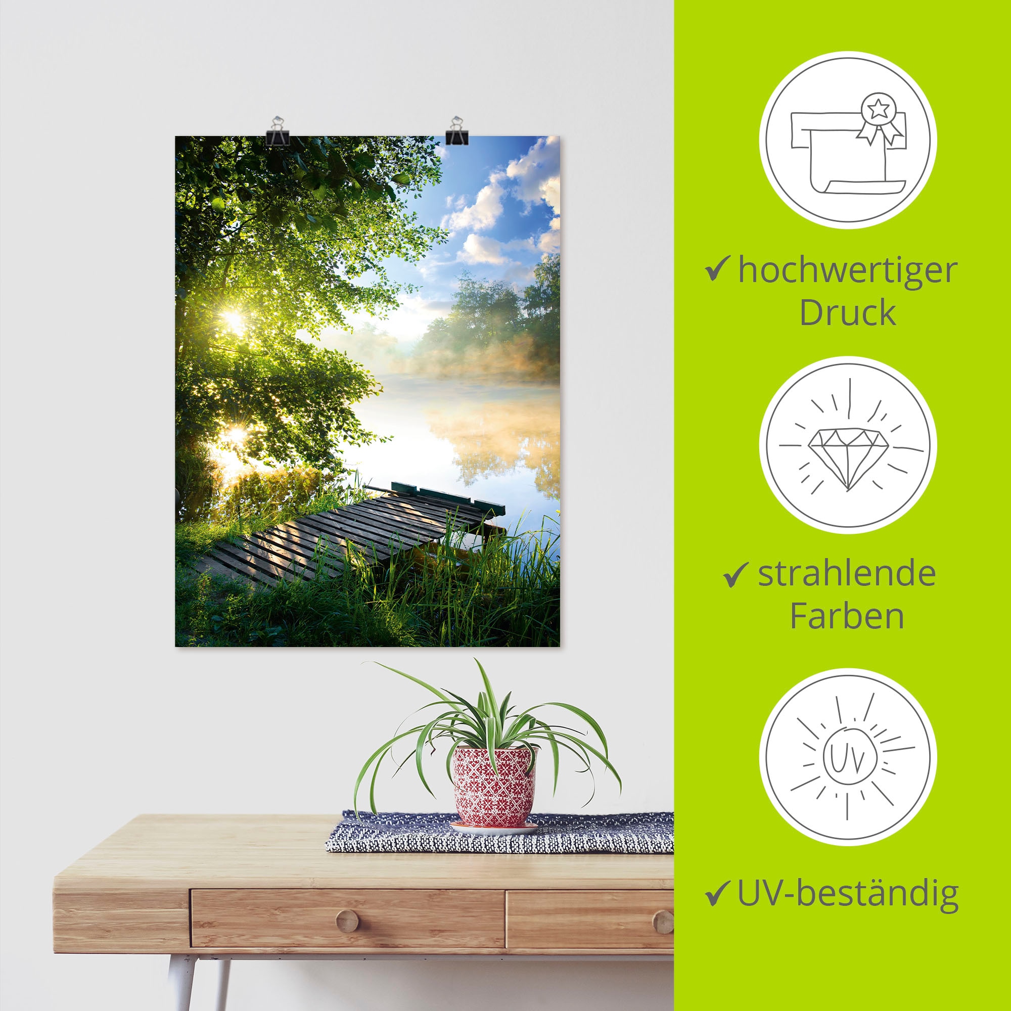 Artland Wandbild »Angelsteg am Morgen«, Gewässer, (1 St.), als Alubild, Outdoorbild, Leinwandbild, Poster, Wandaufkleber