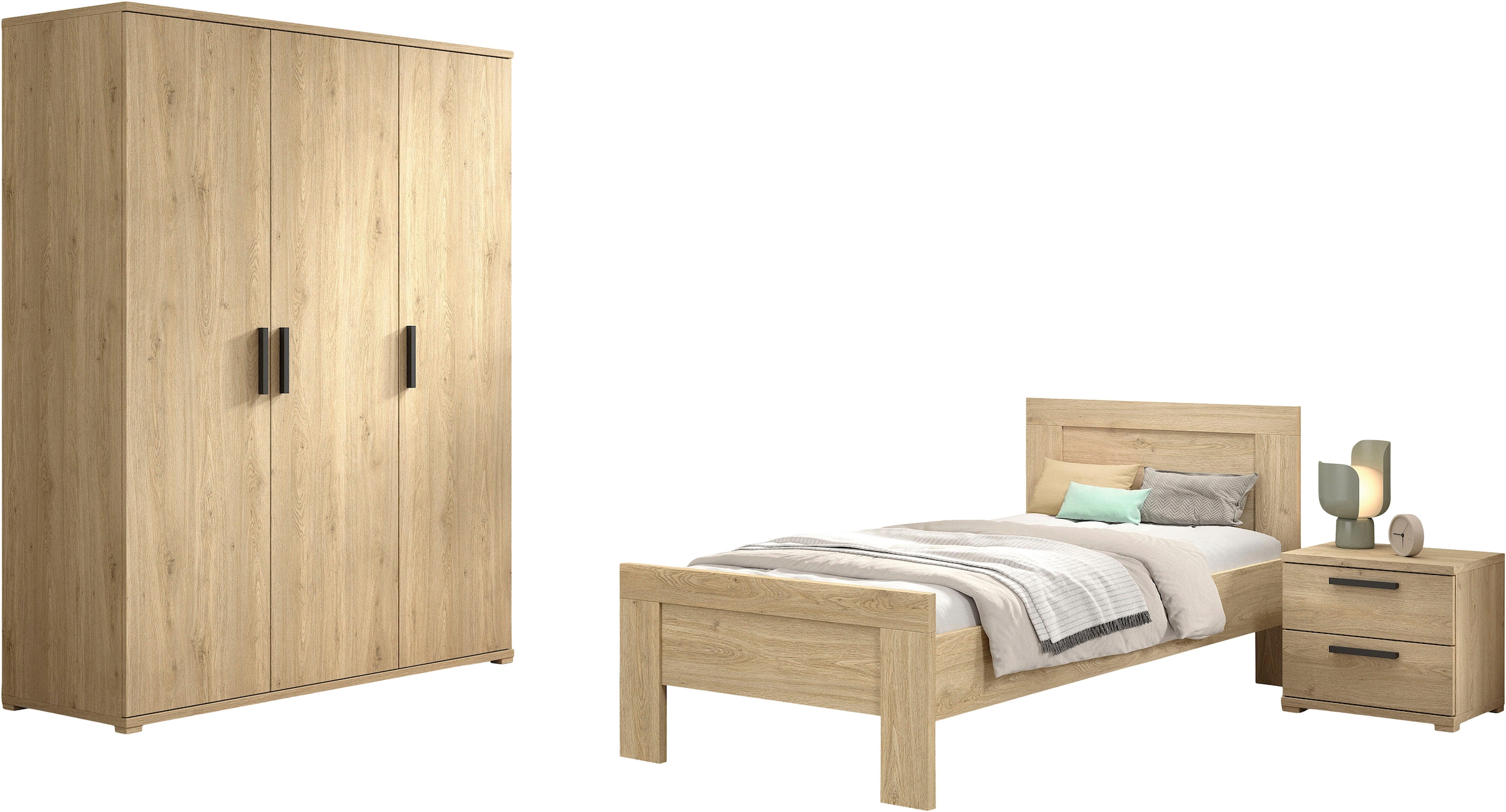 Jugendzimmer-Set VIPACKeiche dekor, Schlafzimmermöbel-Sets, "SAM - Bett, Nachtkonsole, Kleiderschrank 3-trg., gradliniges Design"