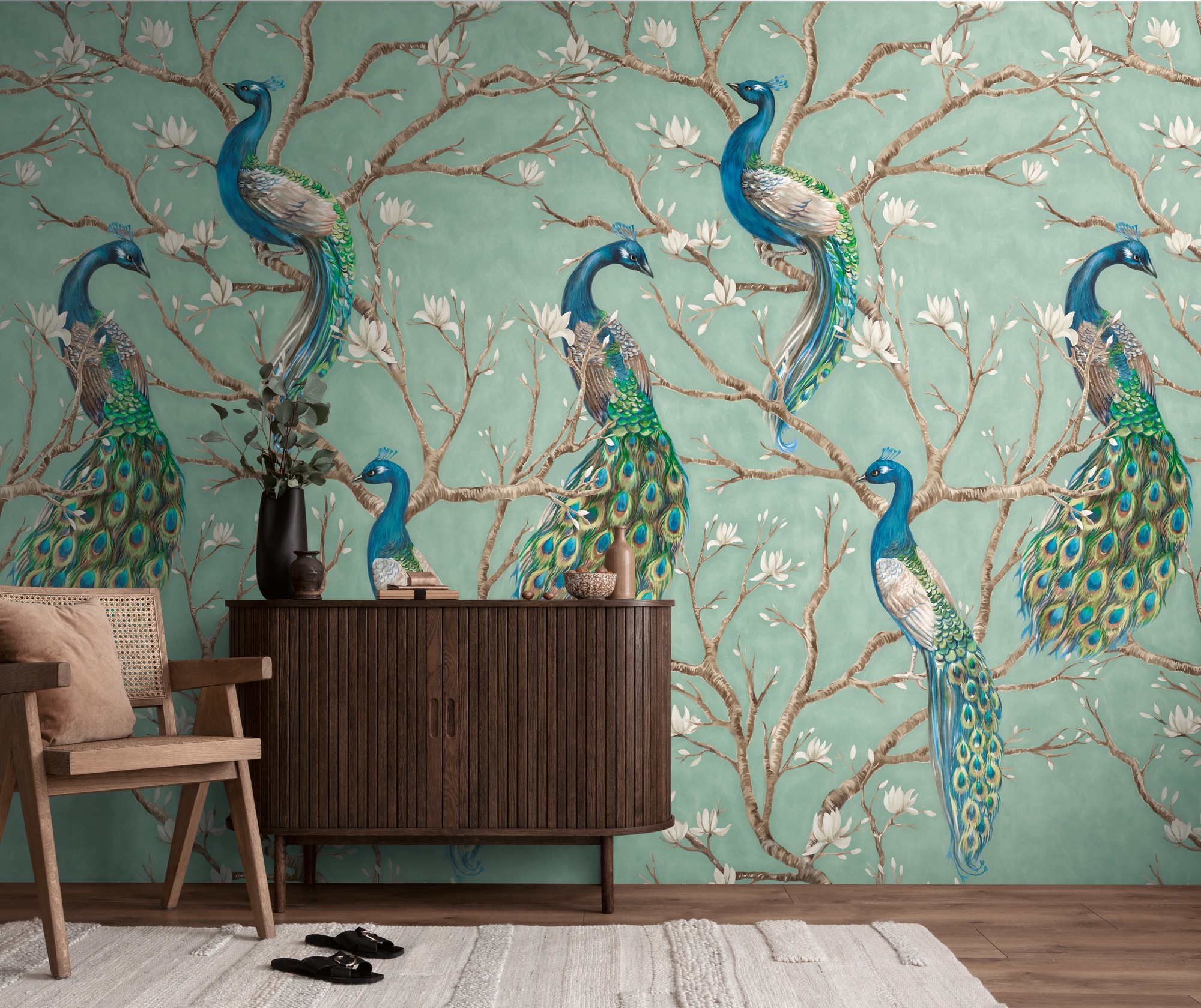 living walls Fototapete "The Wall 4 Flowers – Pfau auf Blütenzweigen Vlies-Fototapete" botanisch floral matt leicht strukturiert Pfau auf Blütenzweigen mit natürlicher Tiefenwirkung