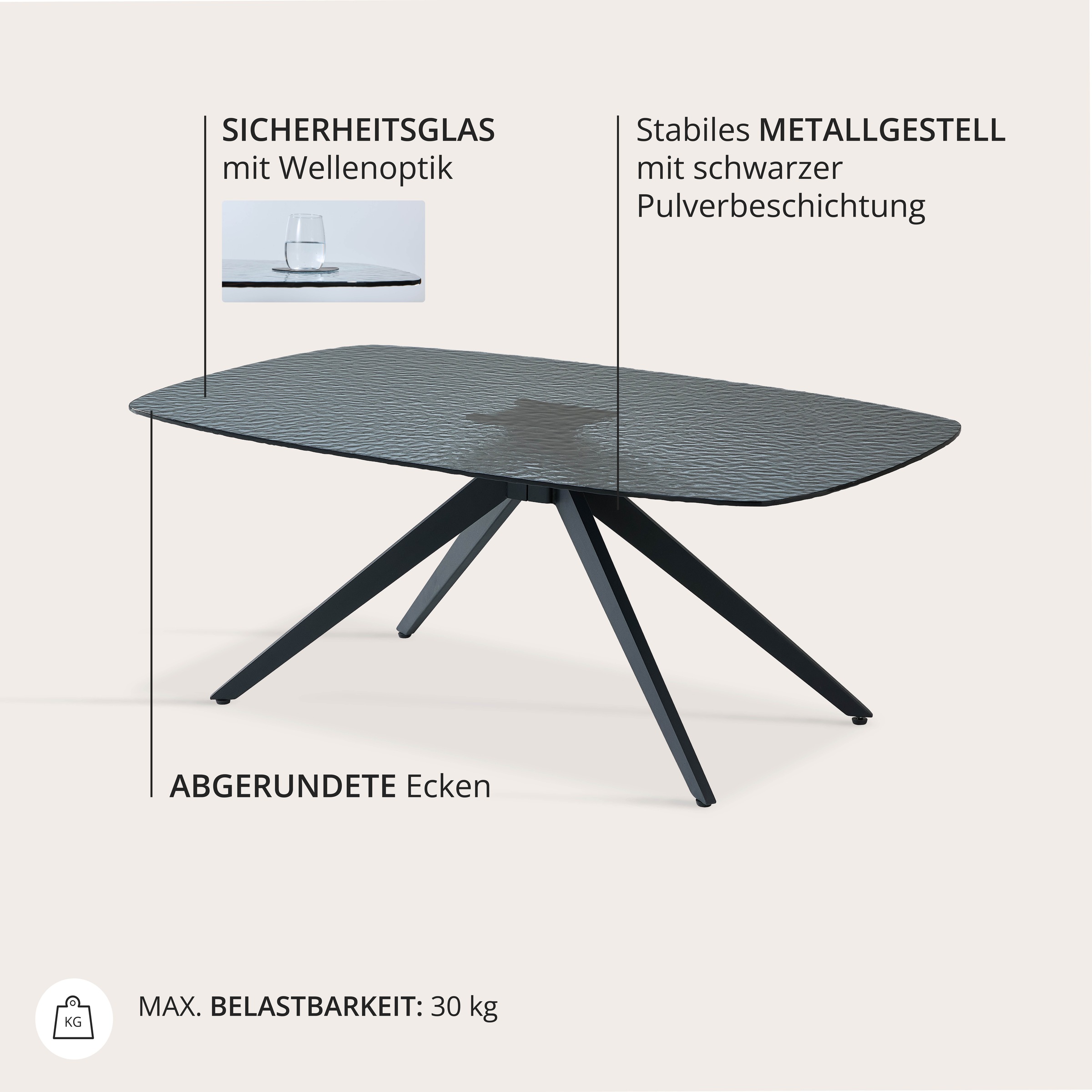Stolkom Couchtisch »Elias Glastisch schwarz, Wohnzimmertisch BxHxT 110x44x70 cm«, Sicherheitsglas Bruchsicher, Glasplatte Wasserwelle schwarz getönt