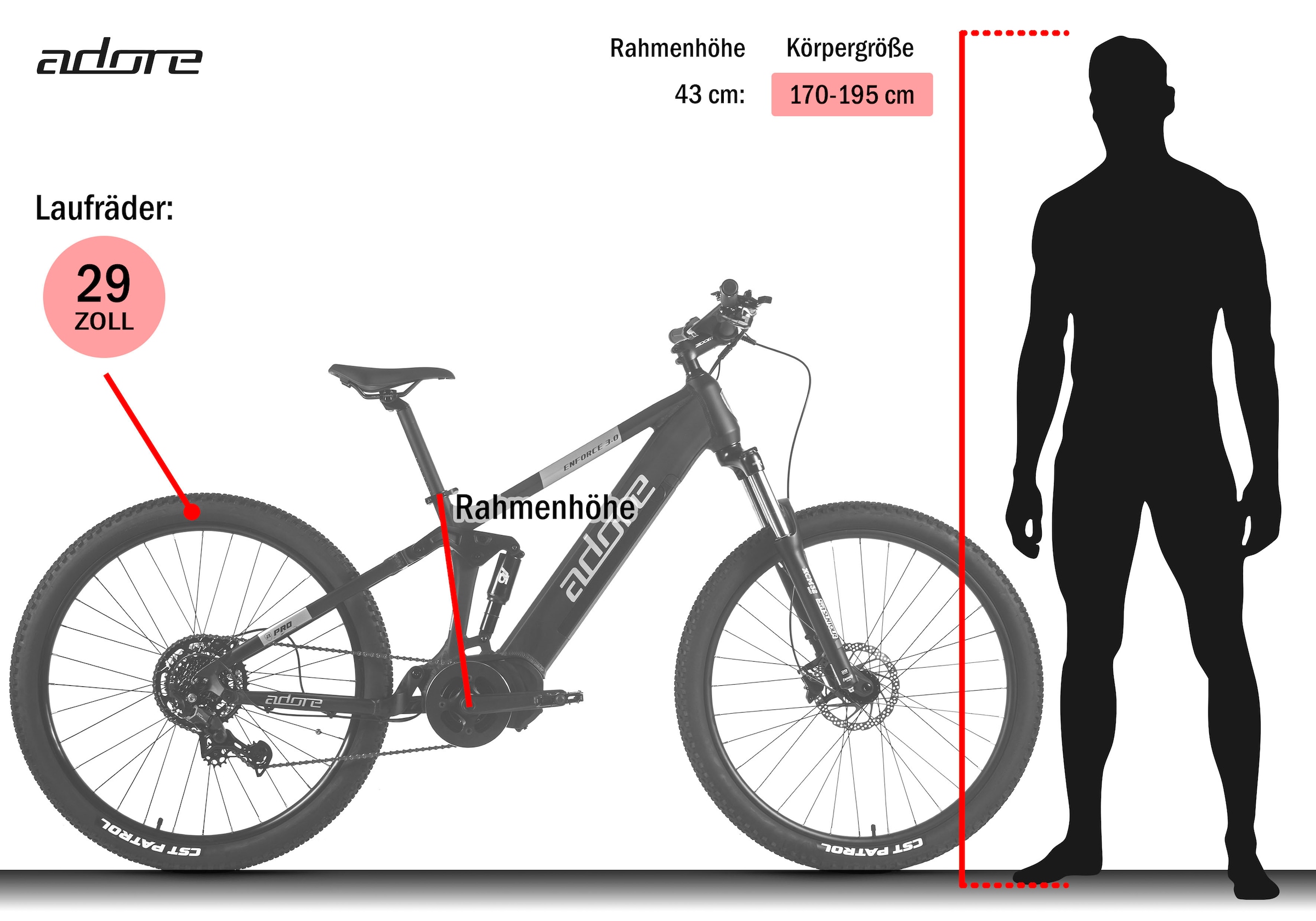 Adore »Fully 29" Enforce 3.0 Mittelmotor 130NM / 15Ah Schwarz matt« 9 Gang Shimano Cues Schaltwerk Kettenschaltung Mittelmotor 250 W Pedelec, Elektrofahrrad für Damen und Herren, MTB