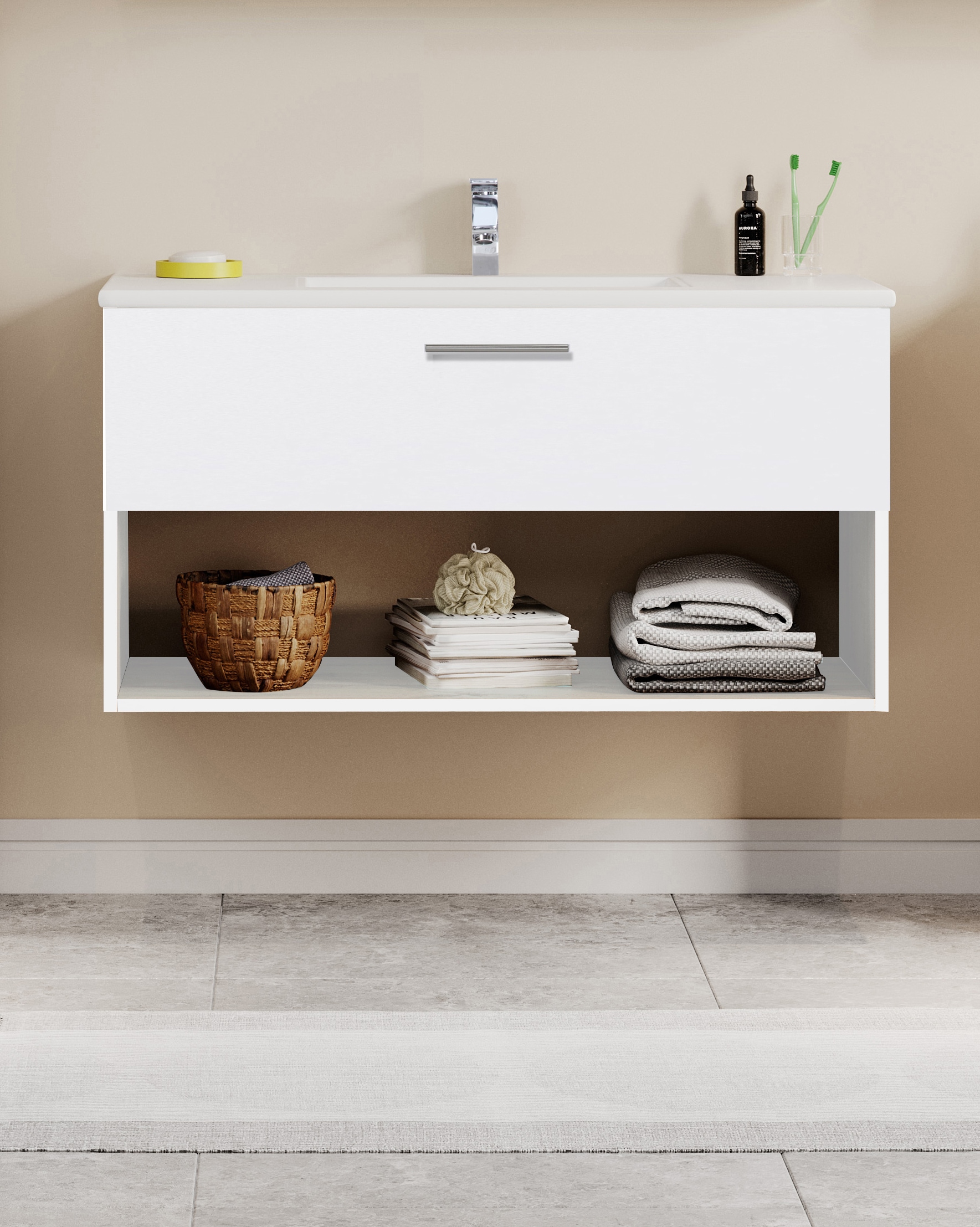 welltime Waschtisch »Trento Light, 60cm, 80cm, 100cm, Keramik-Auflagebecken«, 1 Auzug und 1 offenes Fach